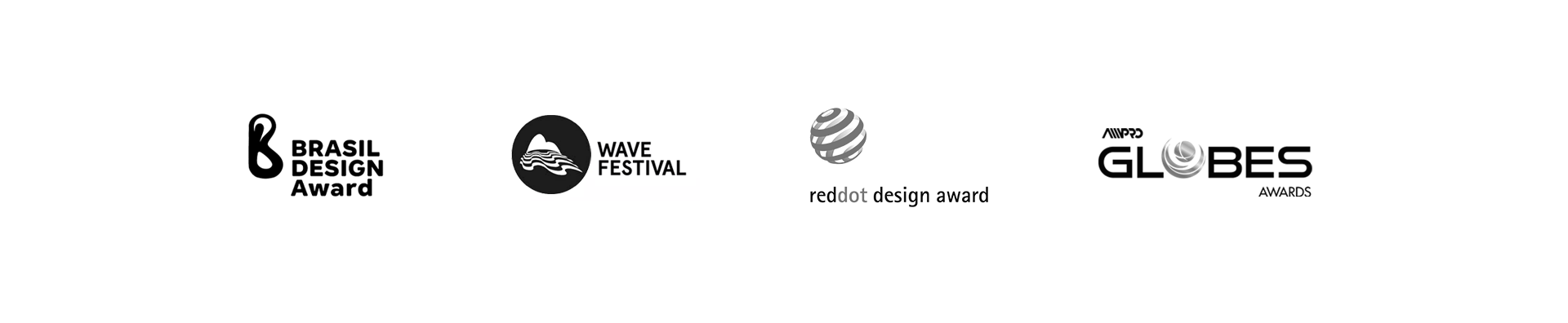 Para todos verem: Estão presentes quatro marcas de premiações: Brasil Design Award, Wave Festival, Reddot Design Award e Ampro Globes Awards.