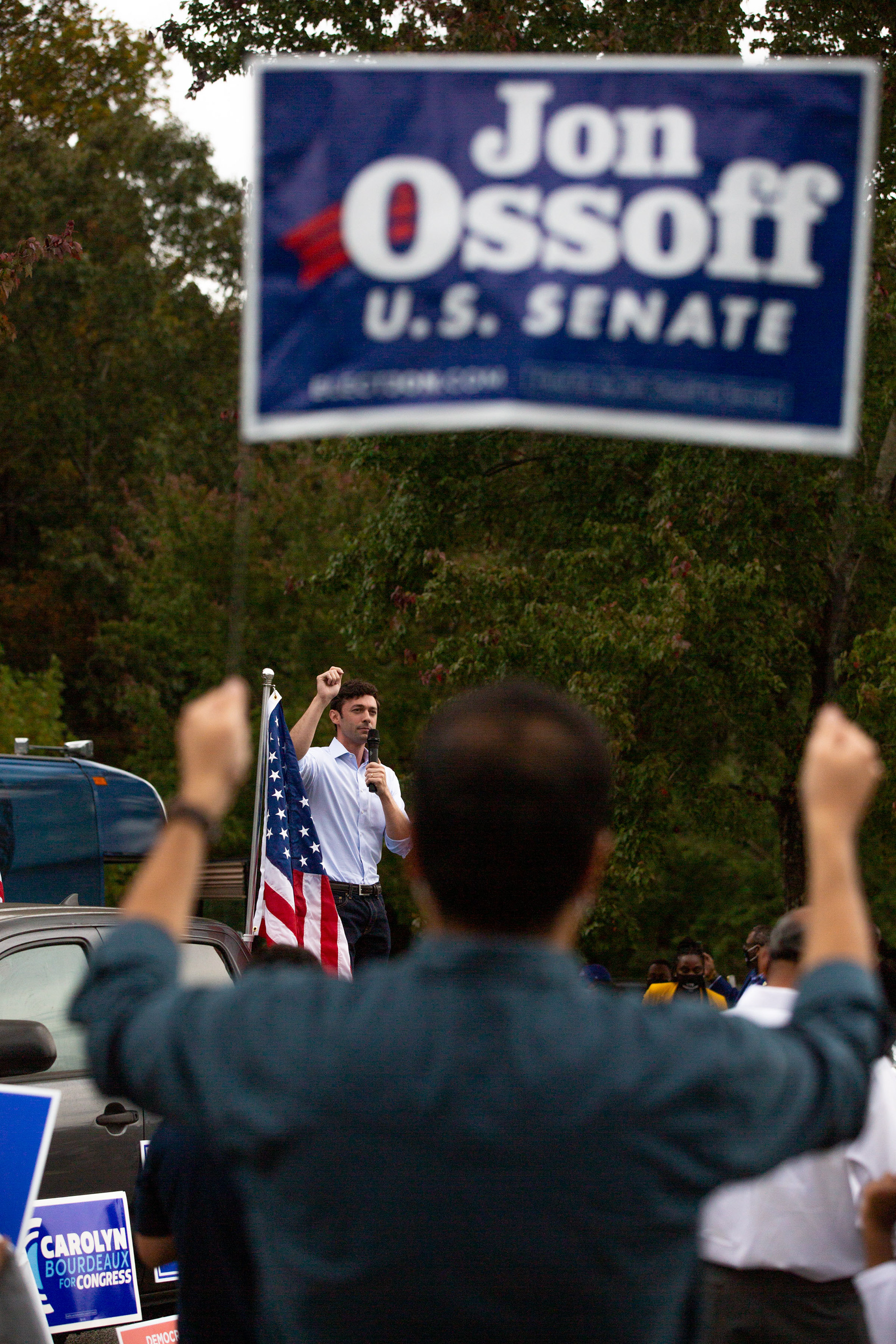 US Senate candidate Jon Ossoff speaks at the Get Out The Early Vote with Jon Ossoff, Rev. Raphael Warnock, Carolyn Bourdeaux, and the Biden Campaign at Shorty Howell Park in Duluth, Georgia, on Saturday, October 24, 2020.