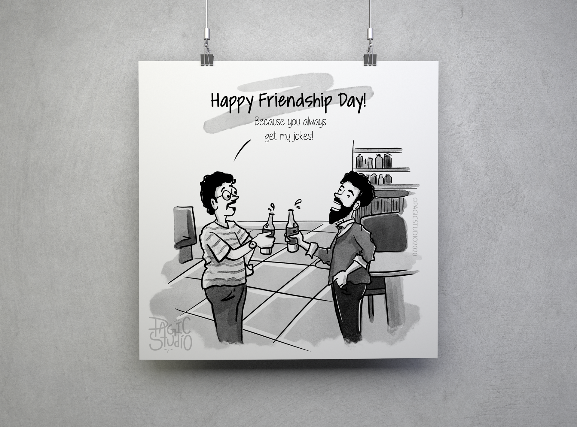 12 pun congratulatory illustrations: #1 "Happy Friendship Day" card print mockup, cartoon by Atma Studios