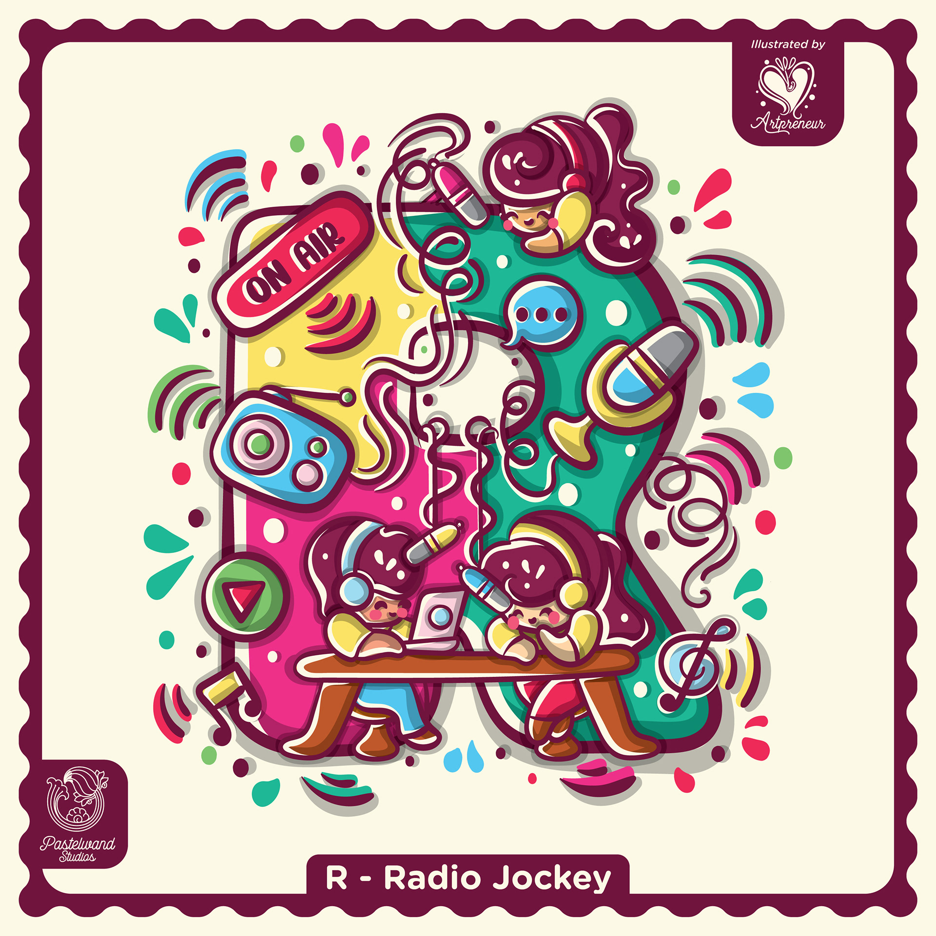 My Little Career ABC children's book: R for Radio Jockey, an illustrated letter filled with tools and tiny characters