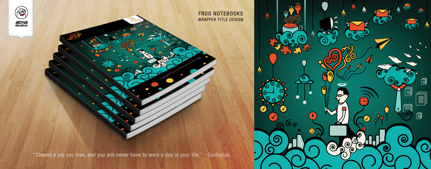 Gurukul notebook cover titles: printed teal doodle notebooks