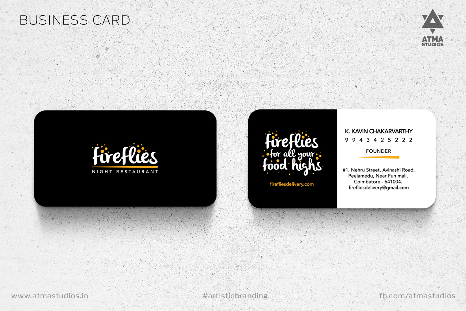 Fireflies Night Restaurant business cards, front and back, in black and white