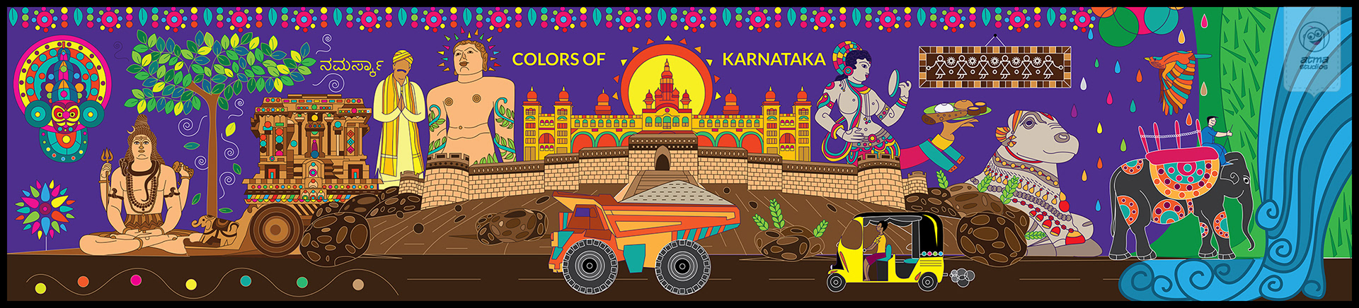 Bangalore office space interior brand illustrations: mural of Karnataka culture with temples and dancers in purple, office space illustration by Atma Studios