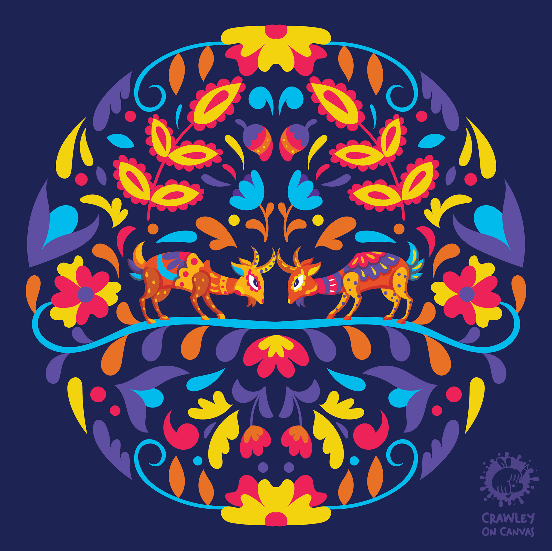 Panchatantra folk tales in Mexican Alebrije style: animals beside a river among flowers on navy