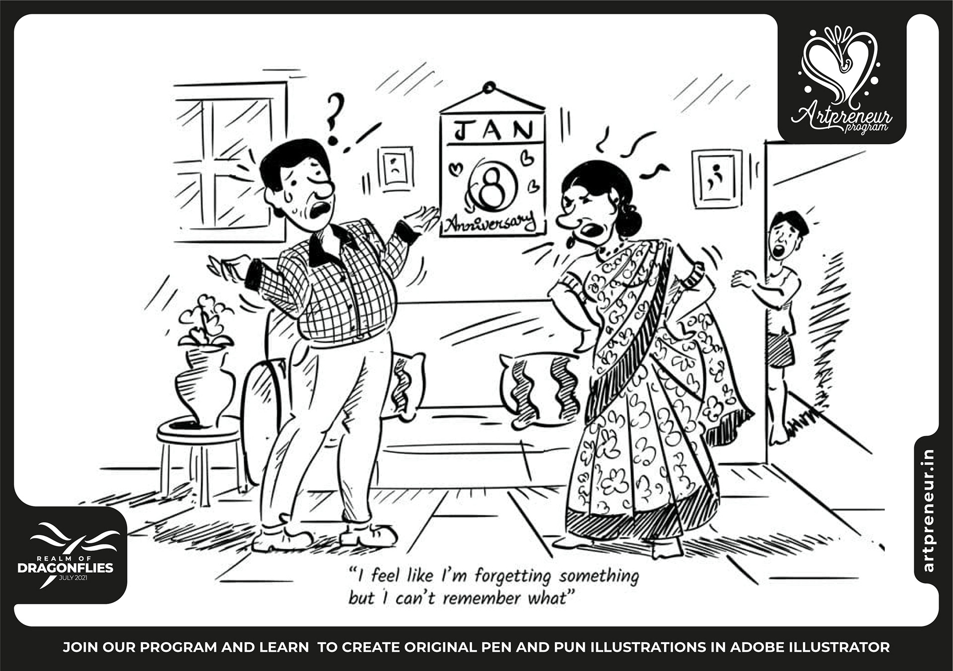30 pen and pun comic cartoon illustrations: #2 Couple chatting in the living room