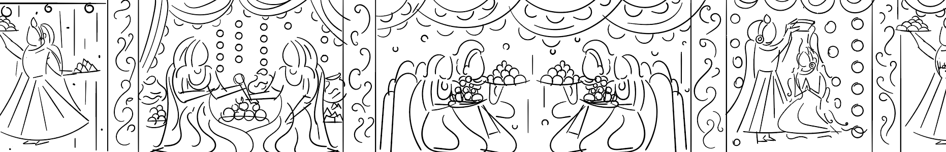 Kesar sweet shop space branding in Phad painting style: wall panel line art, section 3