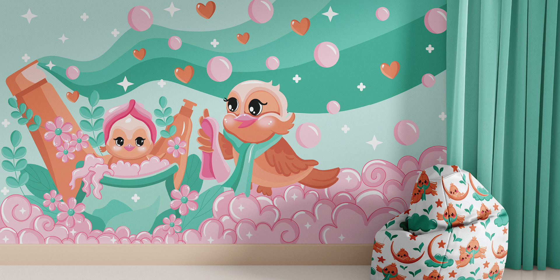 Cozycoon baby skincare brand: brand illustration as a nursery wall mural