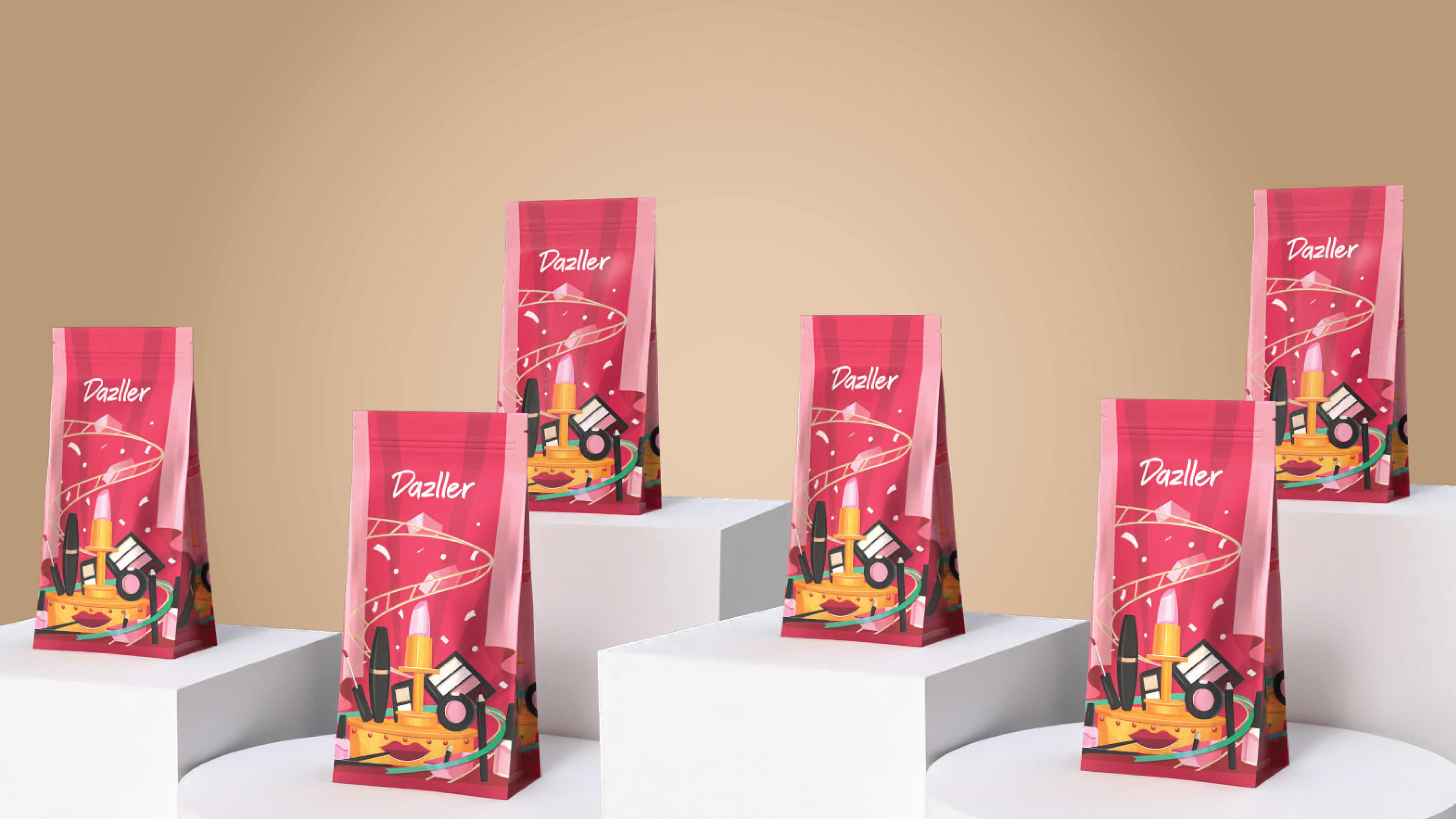 Dazller e-commerce pouch package design: six pouches on white display blocks