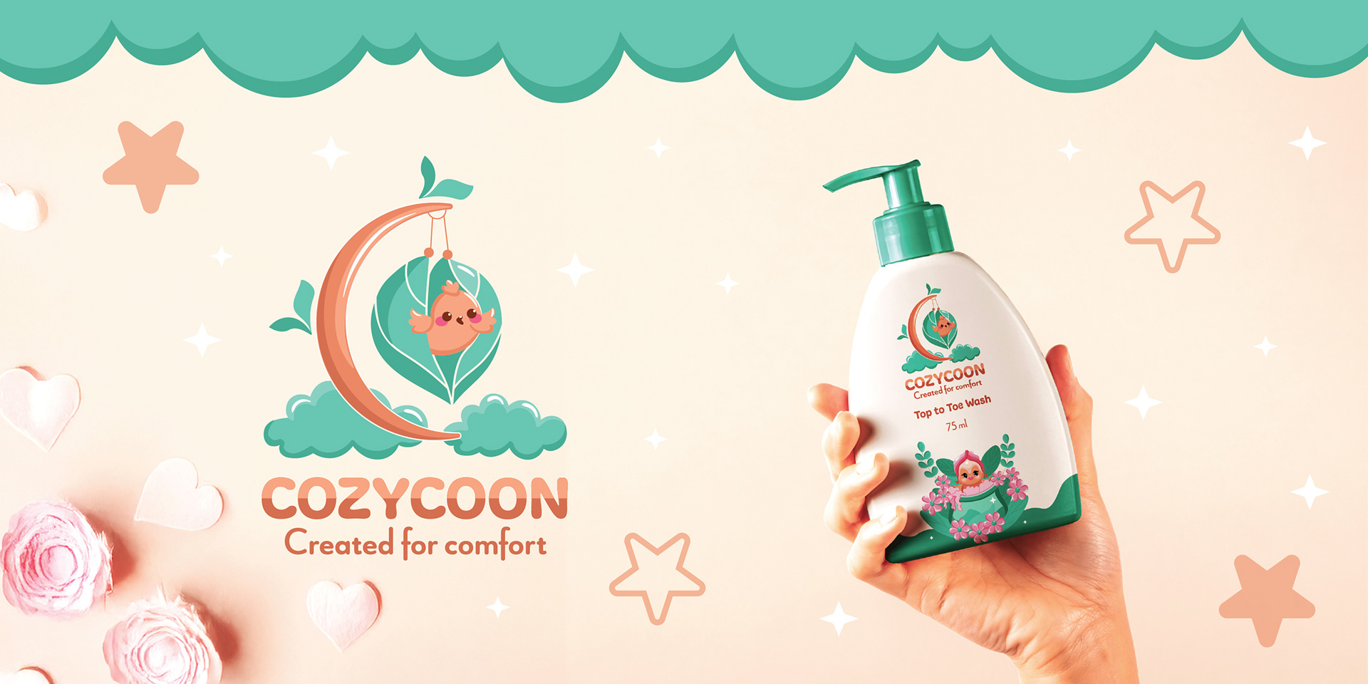 Cozycoon baby skincare brand: logo with a bird on a crescent moon beside a hand holding a baby lotion bottle, branding by Atma Studios