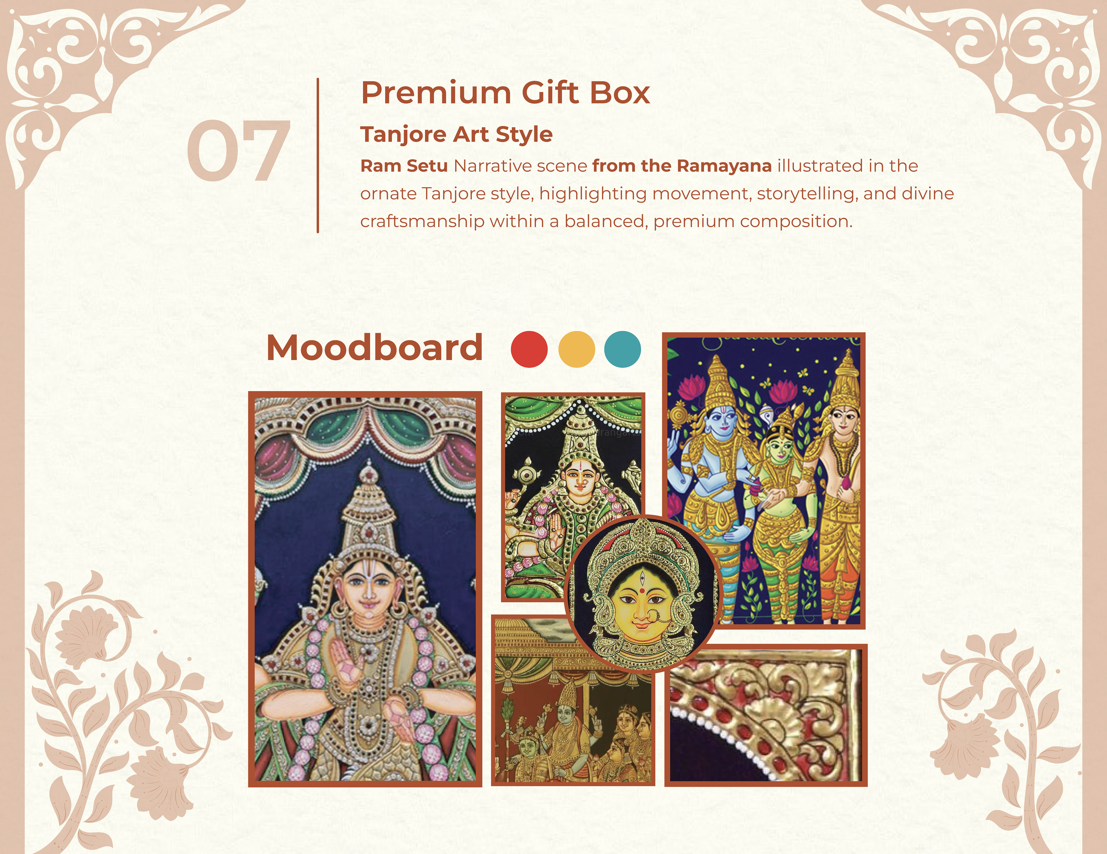 Homerah premium lifestyle candle and incense package design: premium gift box 07 in Tanjore art style, moodboard