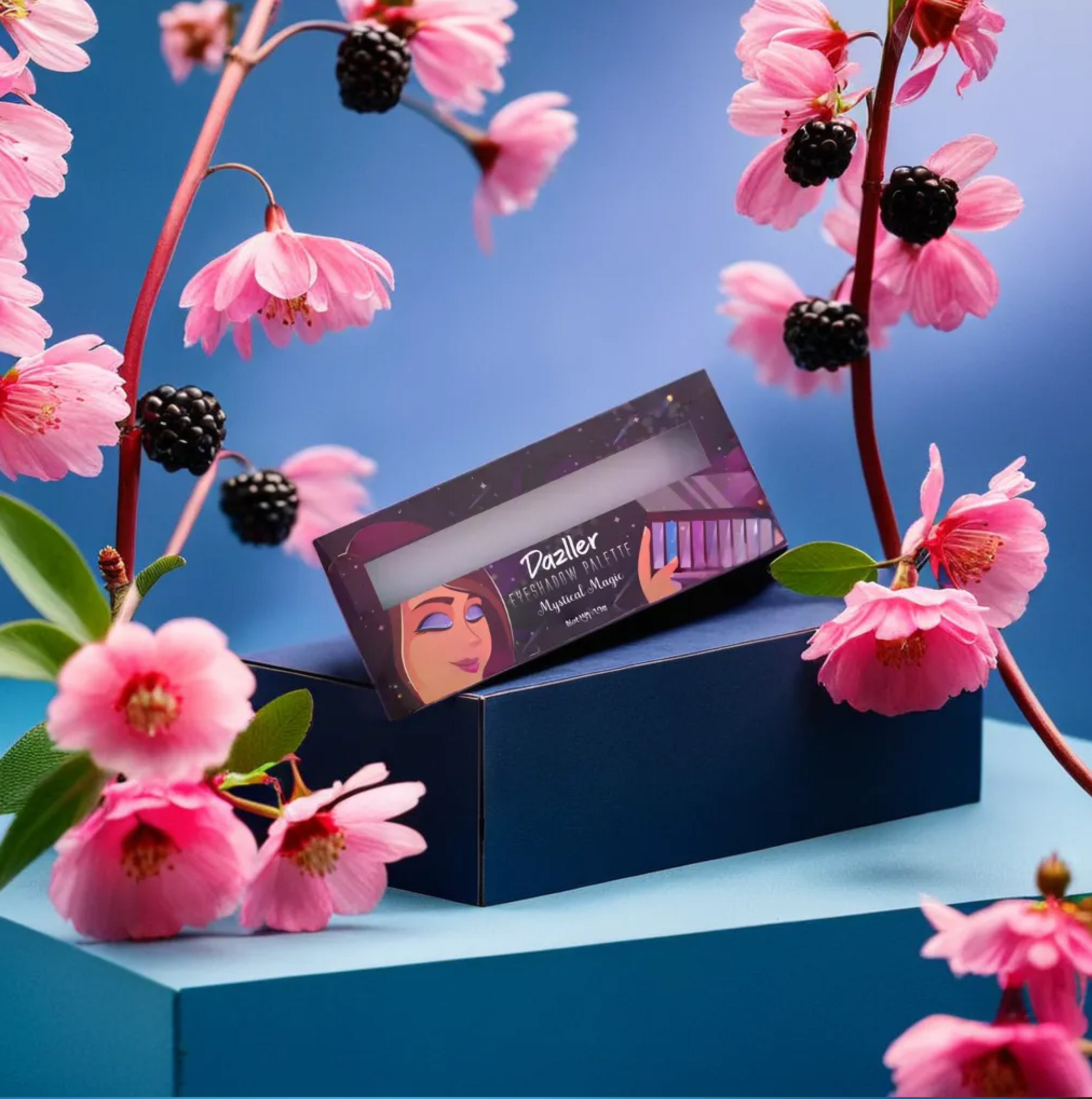 Dazller eyeshadow palette package design: eyeshadow palette box among pink blossoms and blackberries, package design by Atma Studios