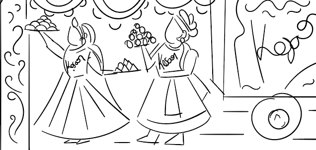 Kesar sweet shop space branding in Phad painting style: line sketch of sweet sellers and a cart