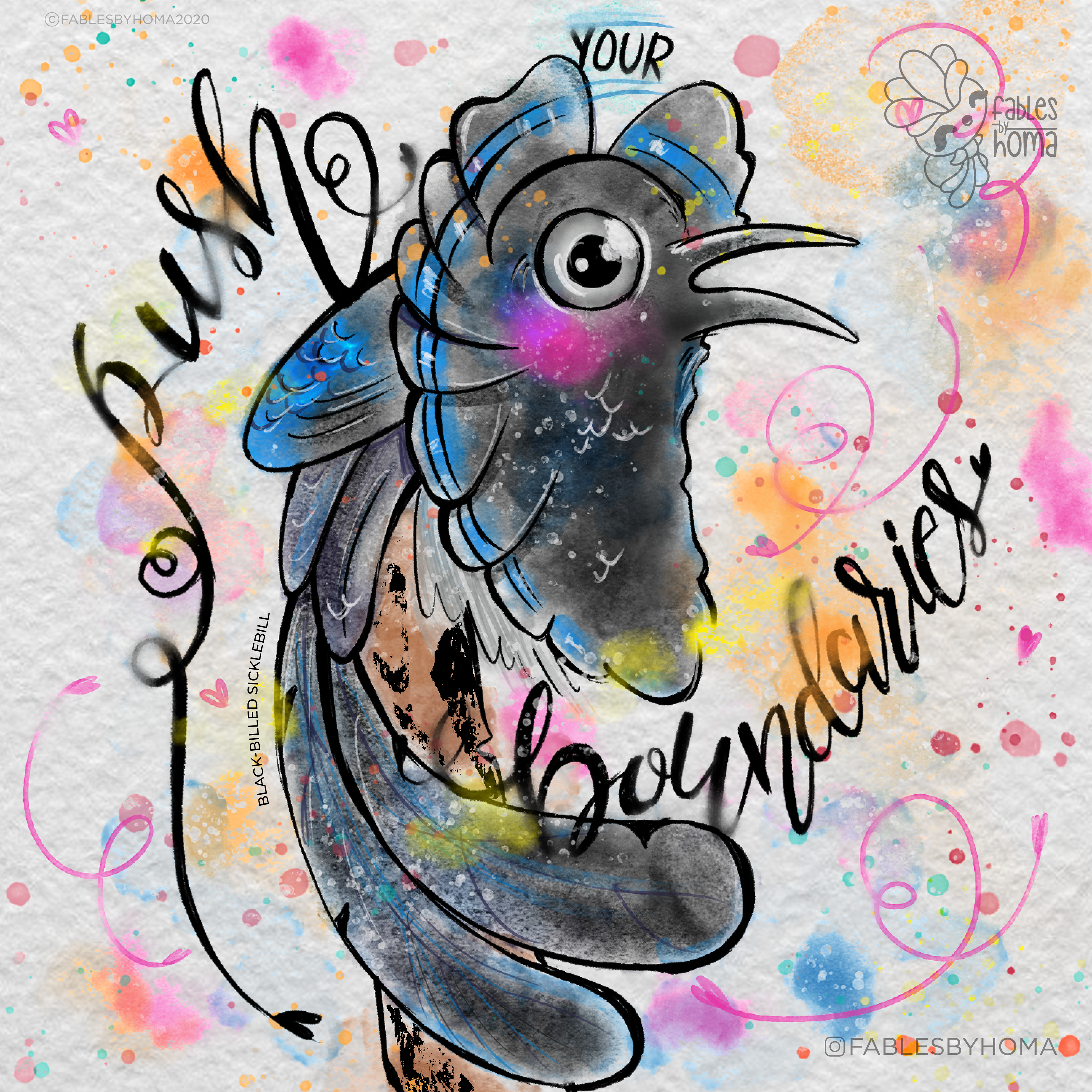 Birds of paradise watercolour illustrations: #6 "Push your boundaries" bird