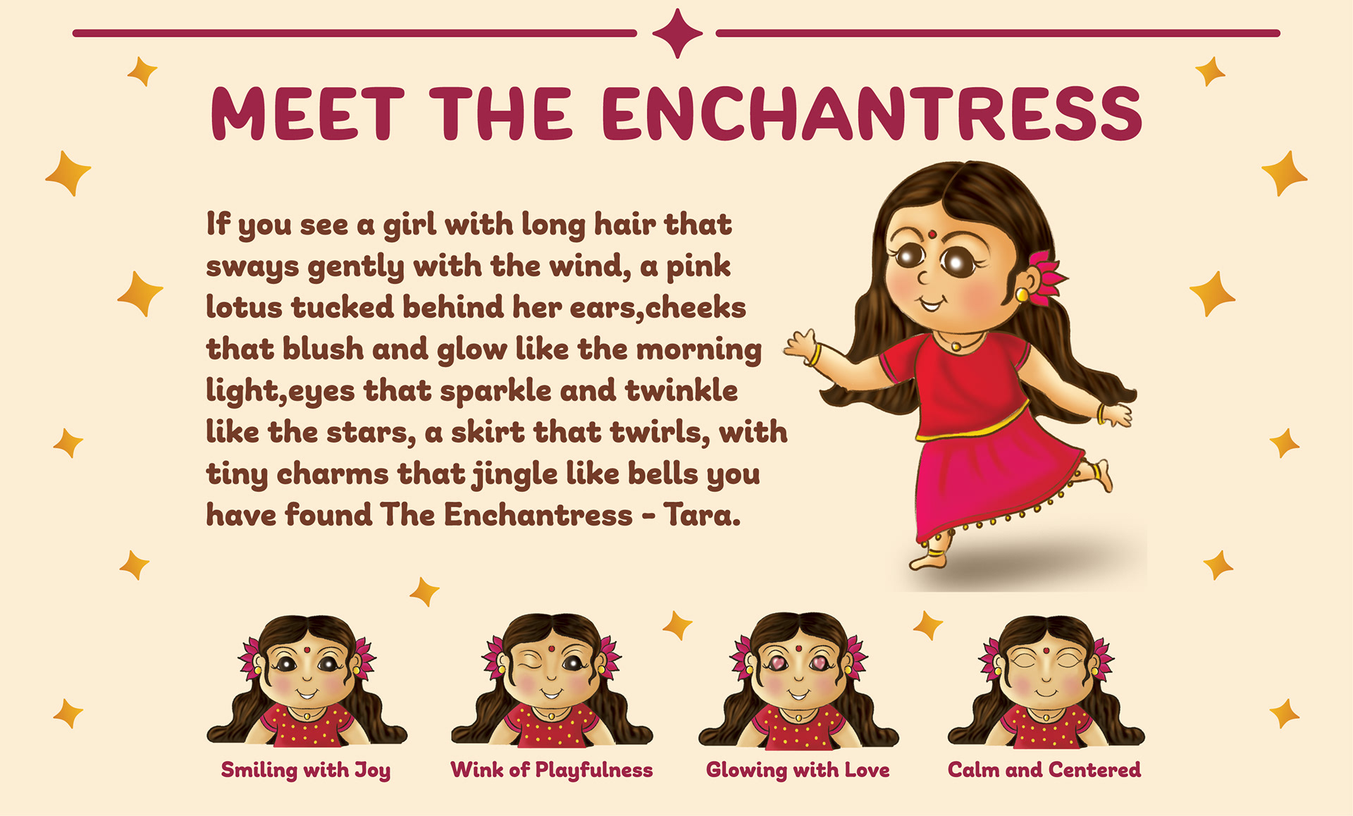 Enchanted Echoes children's book of slokas: meet the enchantress Tara with character poses