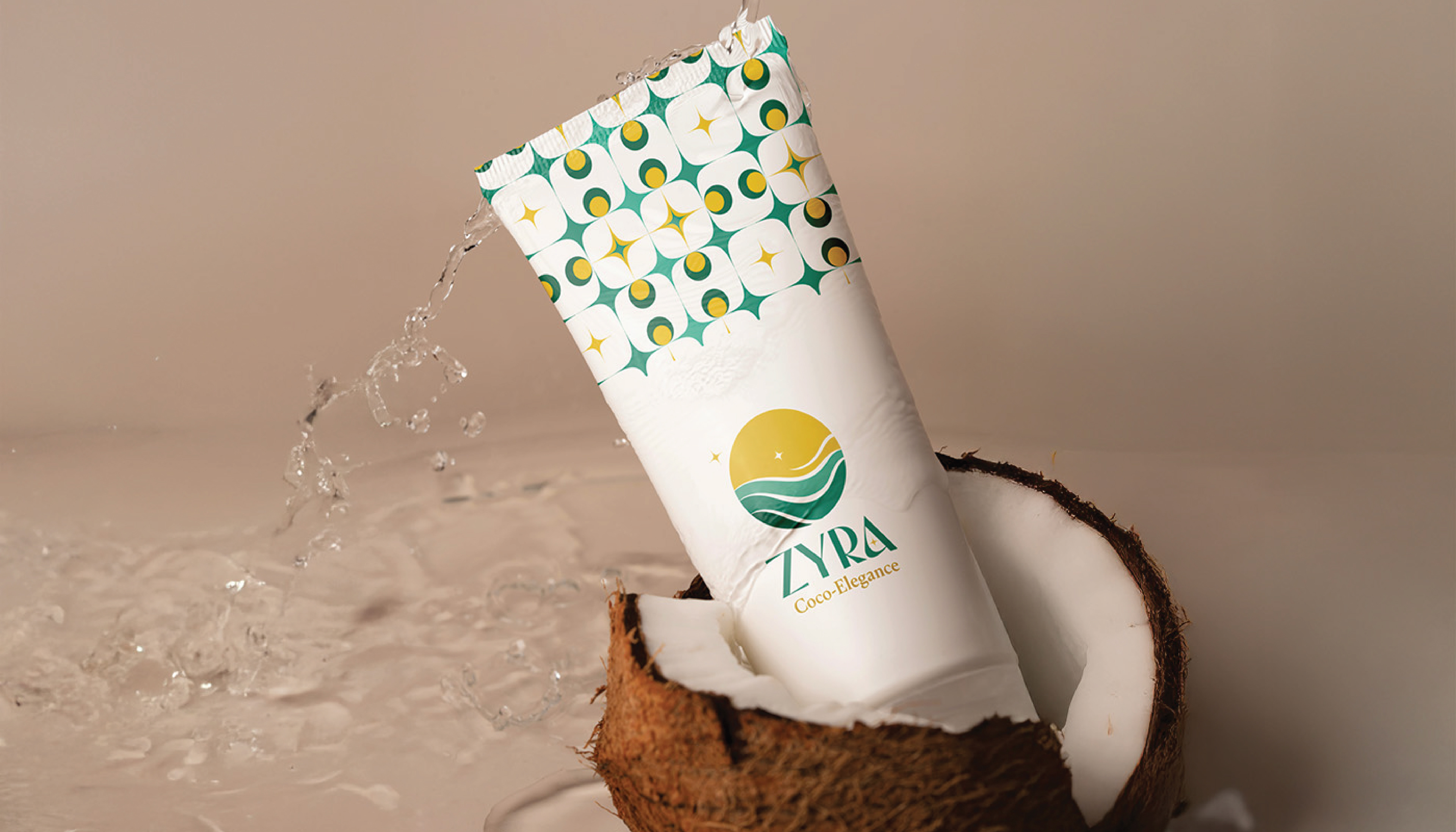 Zyra coconut skincare brand: skincare tube splashing into a coconut half, branding and packaging by Atma Studios