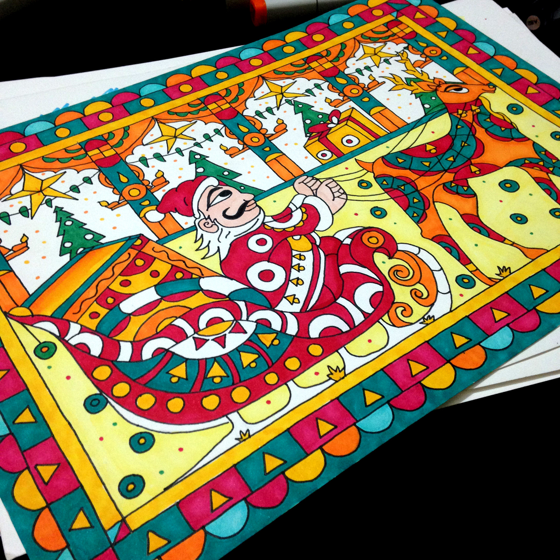 50 contemporary Indian folk art illustrations: #49 Folk art scene in markers