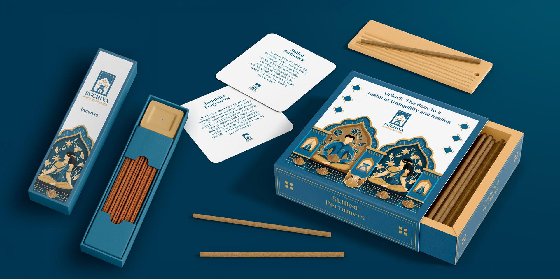 Suchiya home fragrances brand: incense stick box packaging with cards