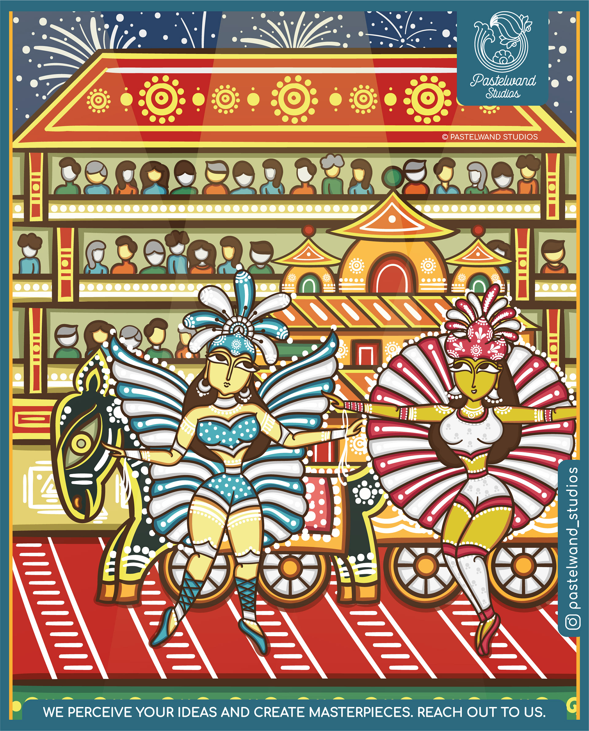 International festivals in Bengal Pattachitra style: Rio carnival with a parade float