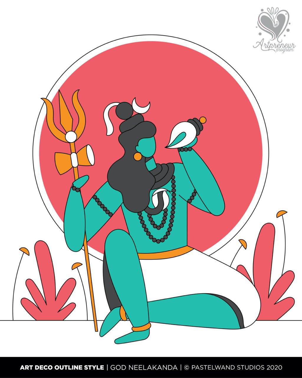 12 dimensions of Shiva in Art Deco outline style: #6 Neelakanta
