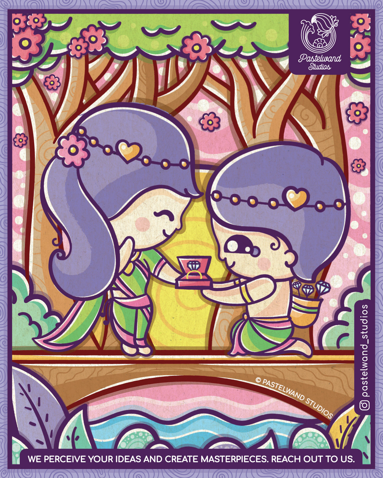 Kawaii love edition, Journey of Tutti Frutti: cute couple sharing a gift on a bridge