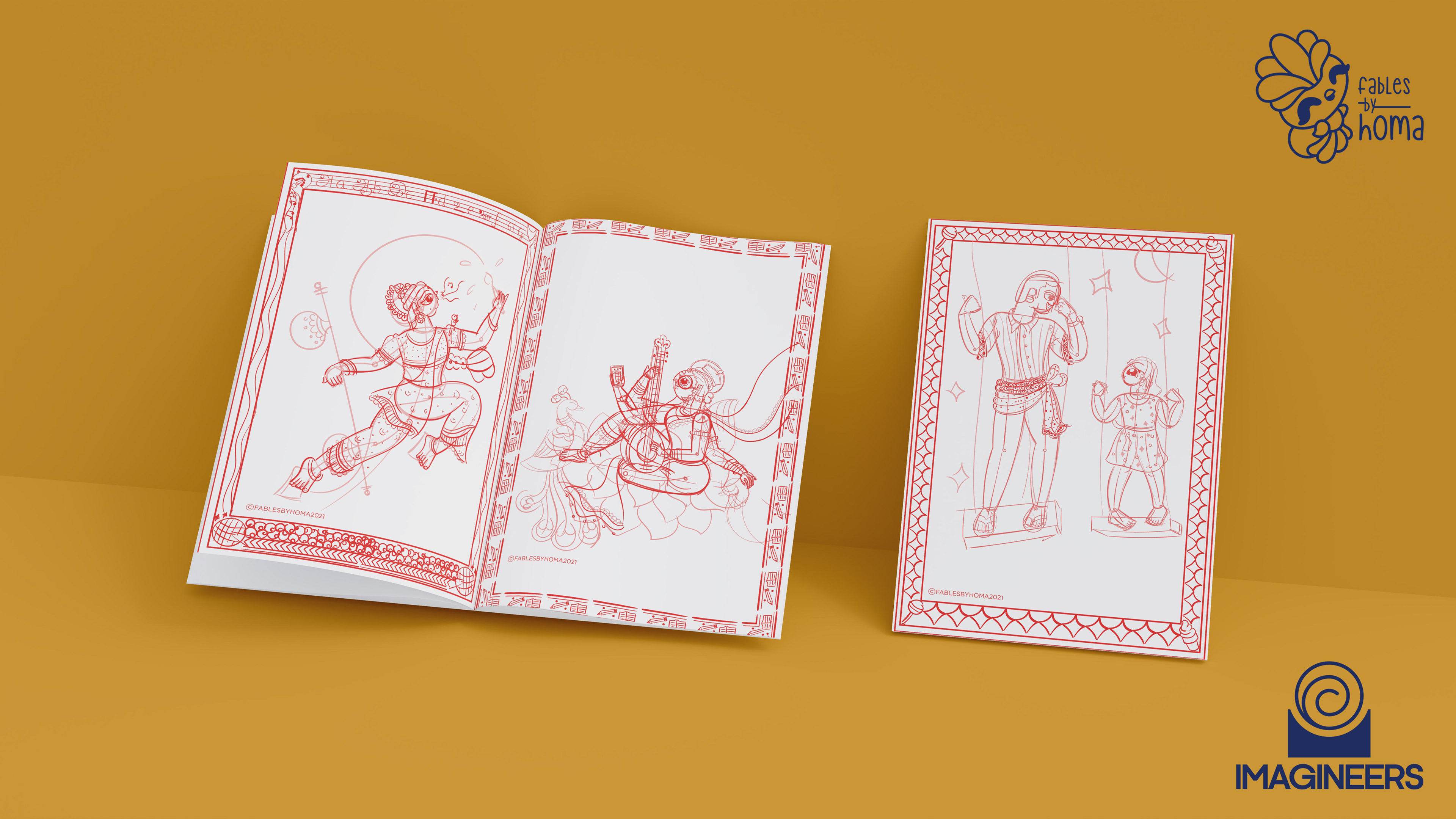 Epiphany Madhubani experimental illustrations: #33 Inked figure pages, spread 5