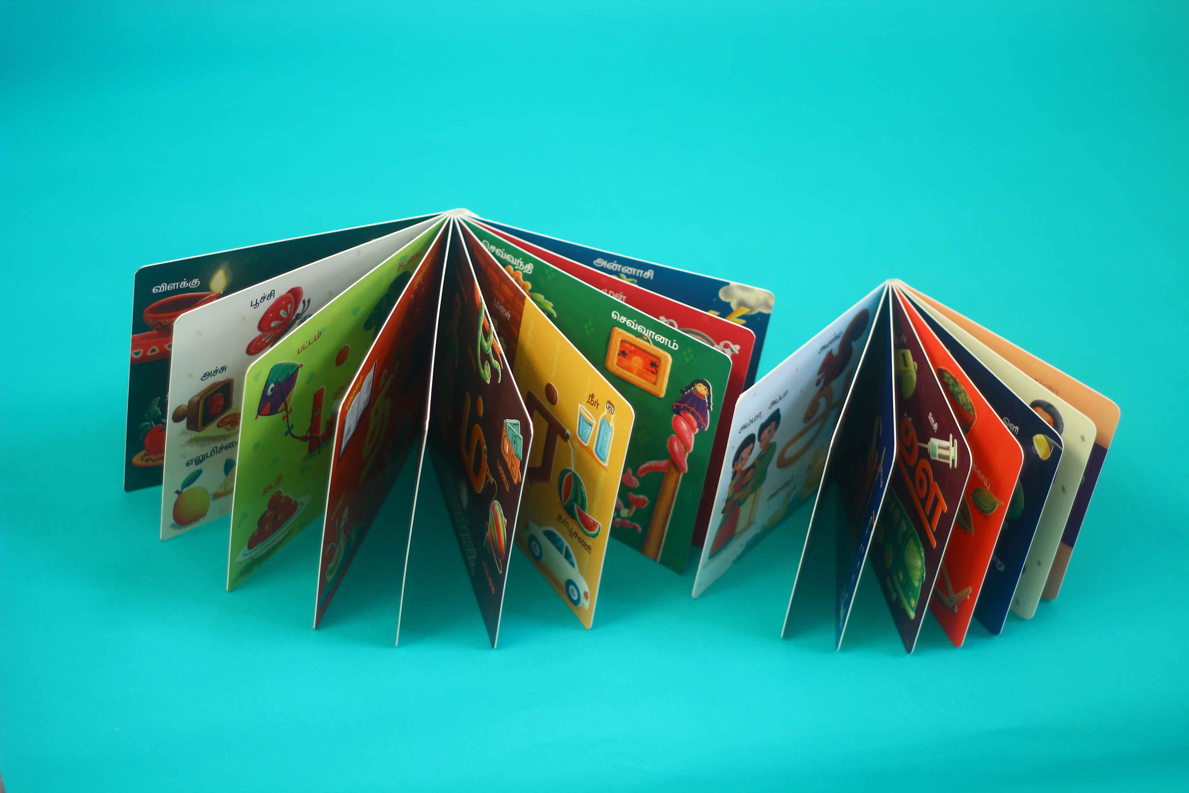 Vidhaippom Meithamizhai Tamil alphabet board book: board book pages fanned open on teal