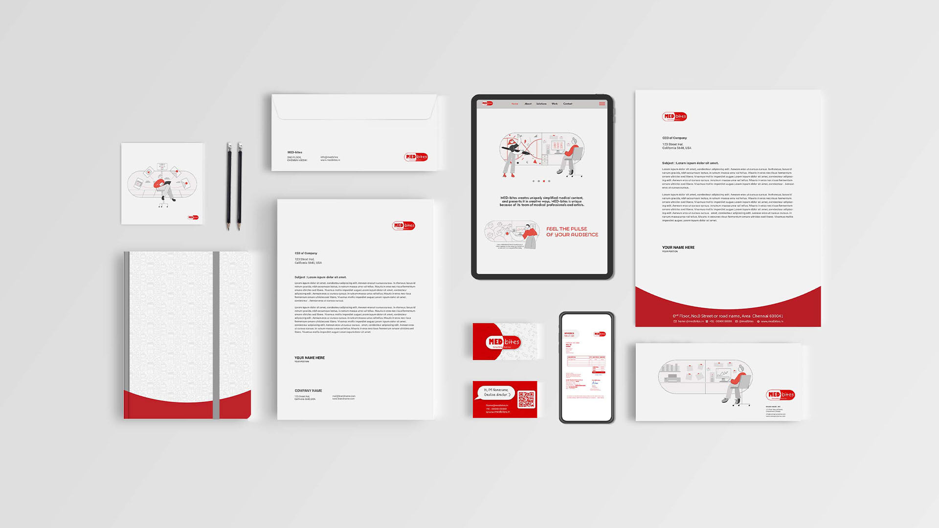 MED-bites medical education brand: brand identity overview with stationery, tablet and cards in red and white, branding by Atma Studios
