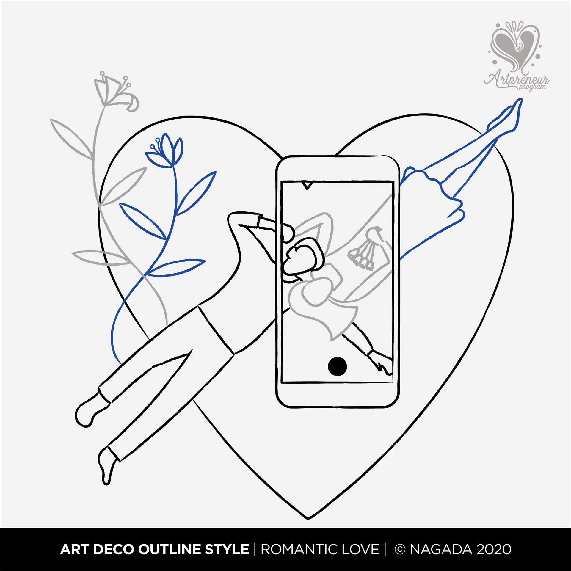Dimensions of contemporary love: #1 Romantic love through a phone screen, Art Deco outline illustration, Atma Studios portfolio