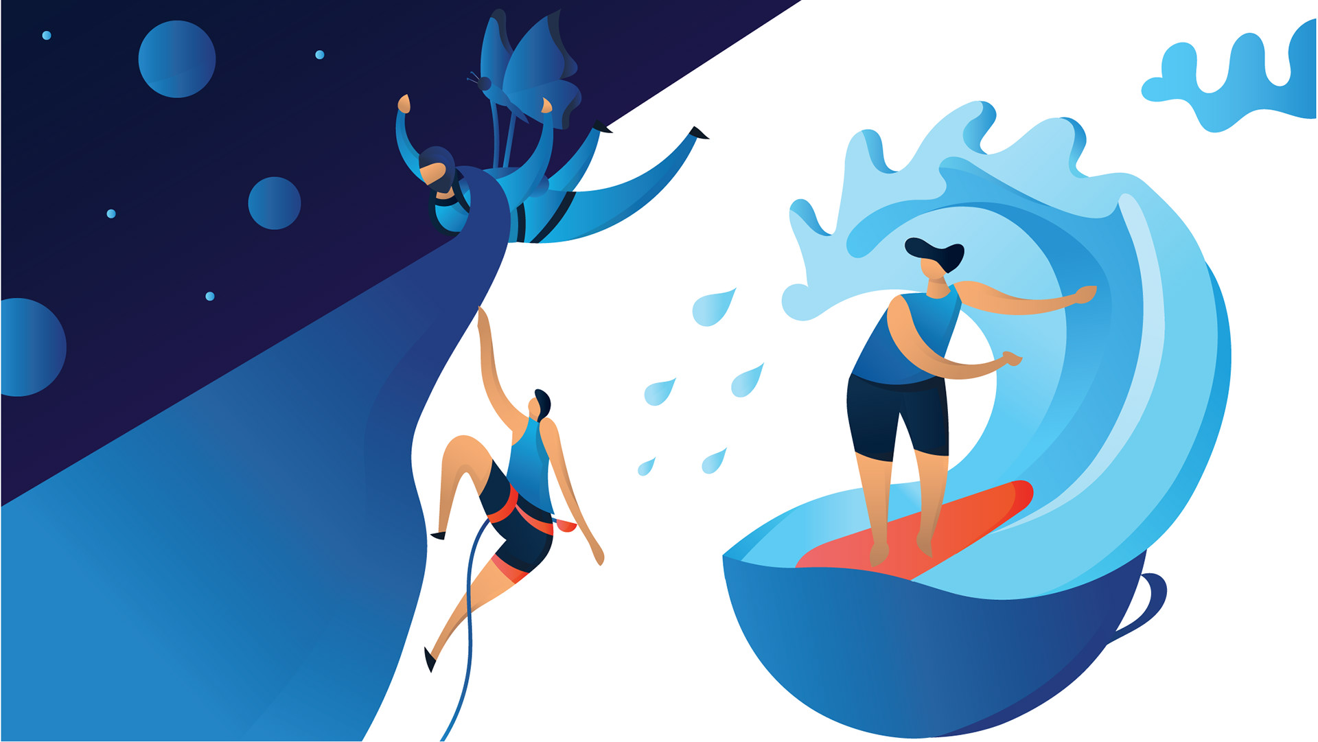 Experimental illustrations 2020: #16 Climbers and surfer on waves
