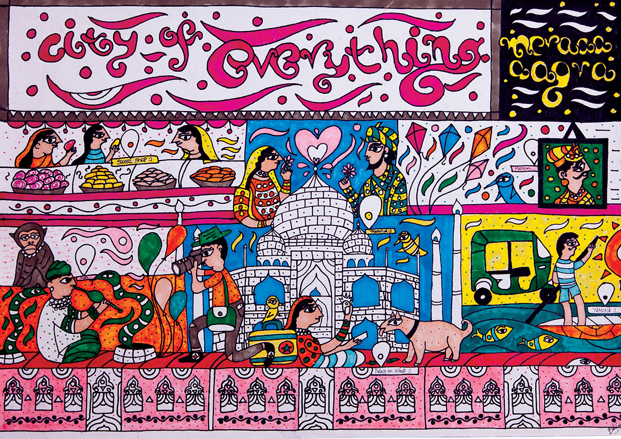 50 contemporary Indian folk art illustrations: #35 Indian city street panorama