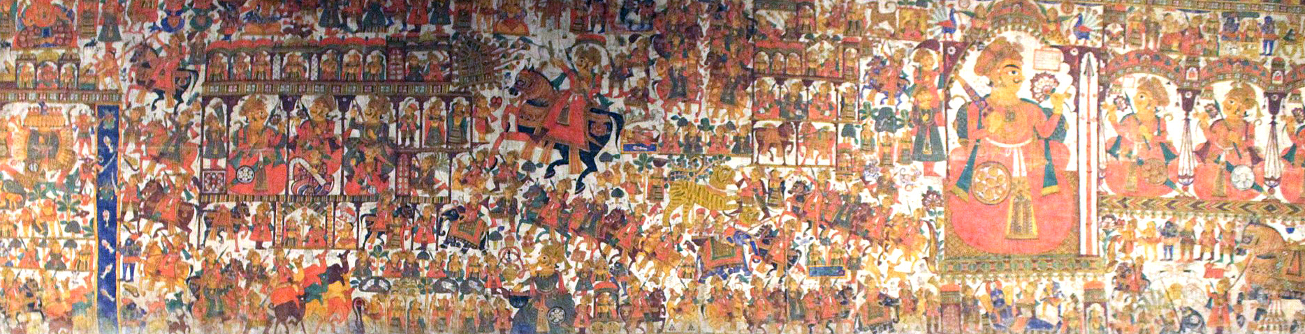Kesar sweet shop space branding in Phad painting style: traditional Phad painting scroll reference