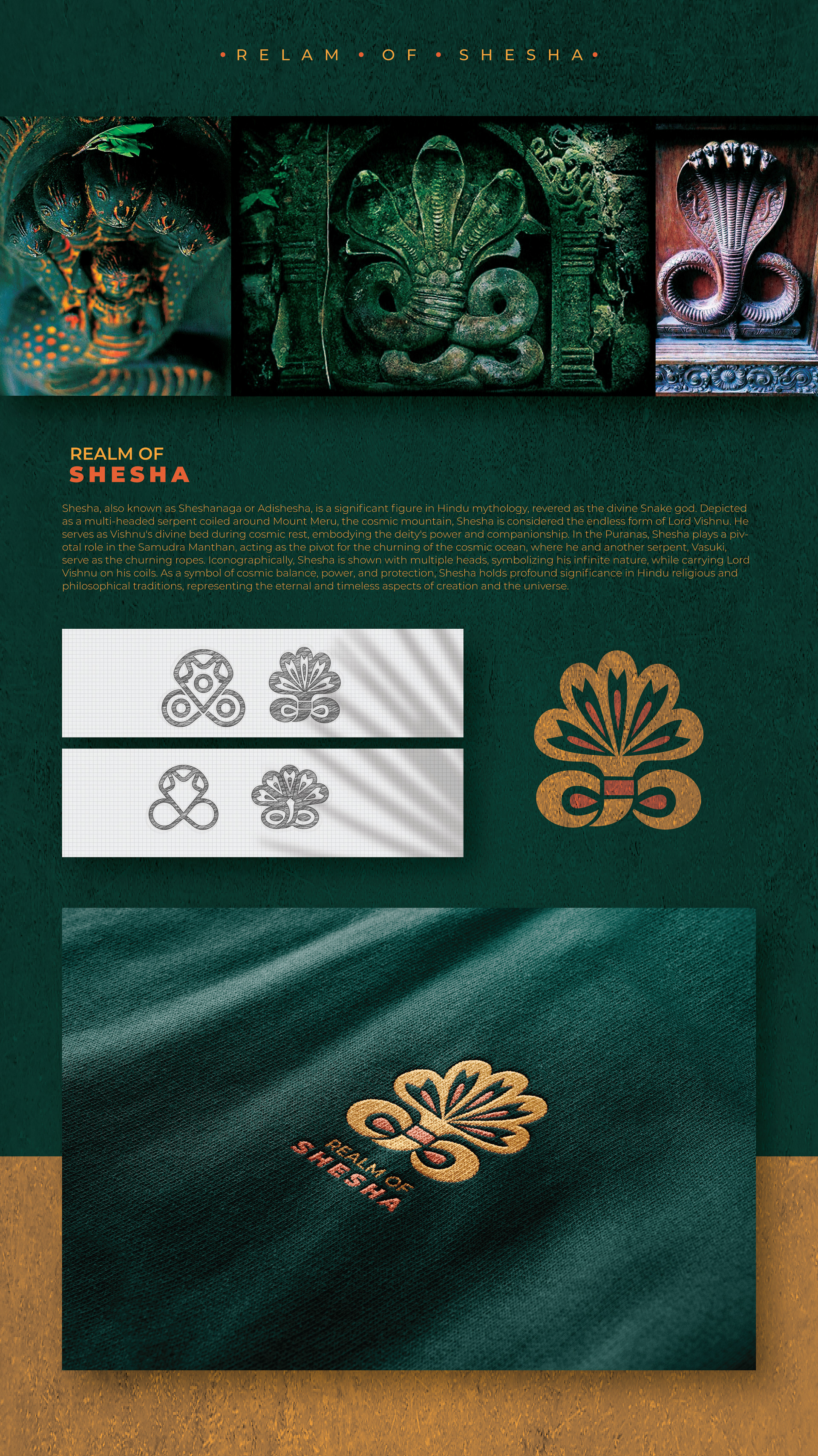 Artpreneur program sub-brand logo set inspired by Indian mythical creatures: realm of Shesha: serpent references, sketches and the final line logo on fabric