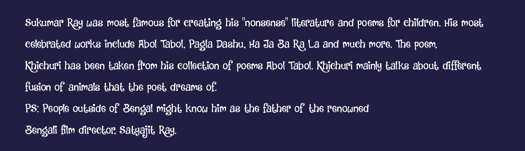 Khichuri poem picture book by Sukumar Ray in Alebrije art style: introduction text on Sukumar Ray's Khichuri poem