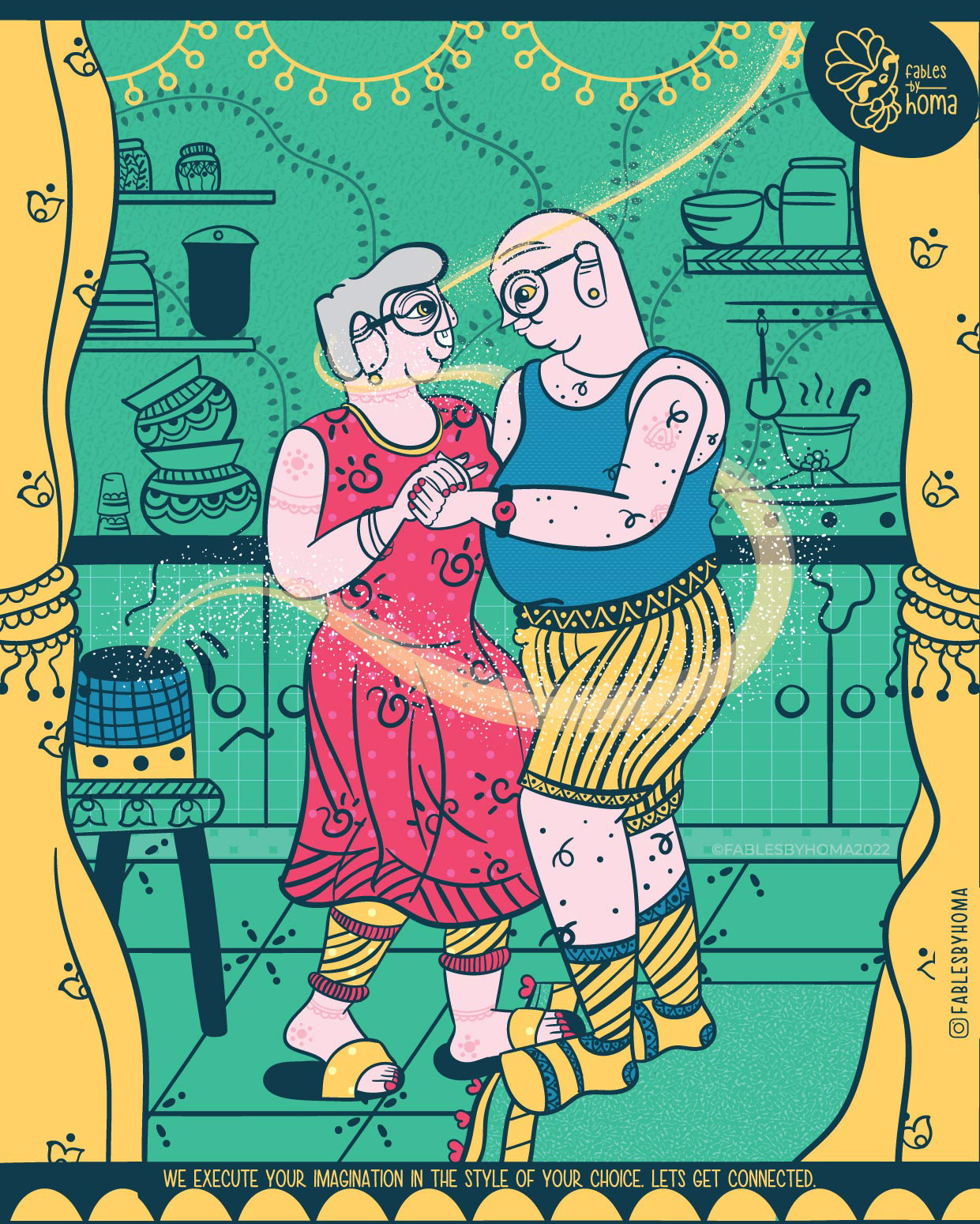Epiphany Madhubani experimental illustrations: #45 Elderly couple dancing in a teal folk artwork