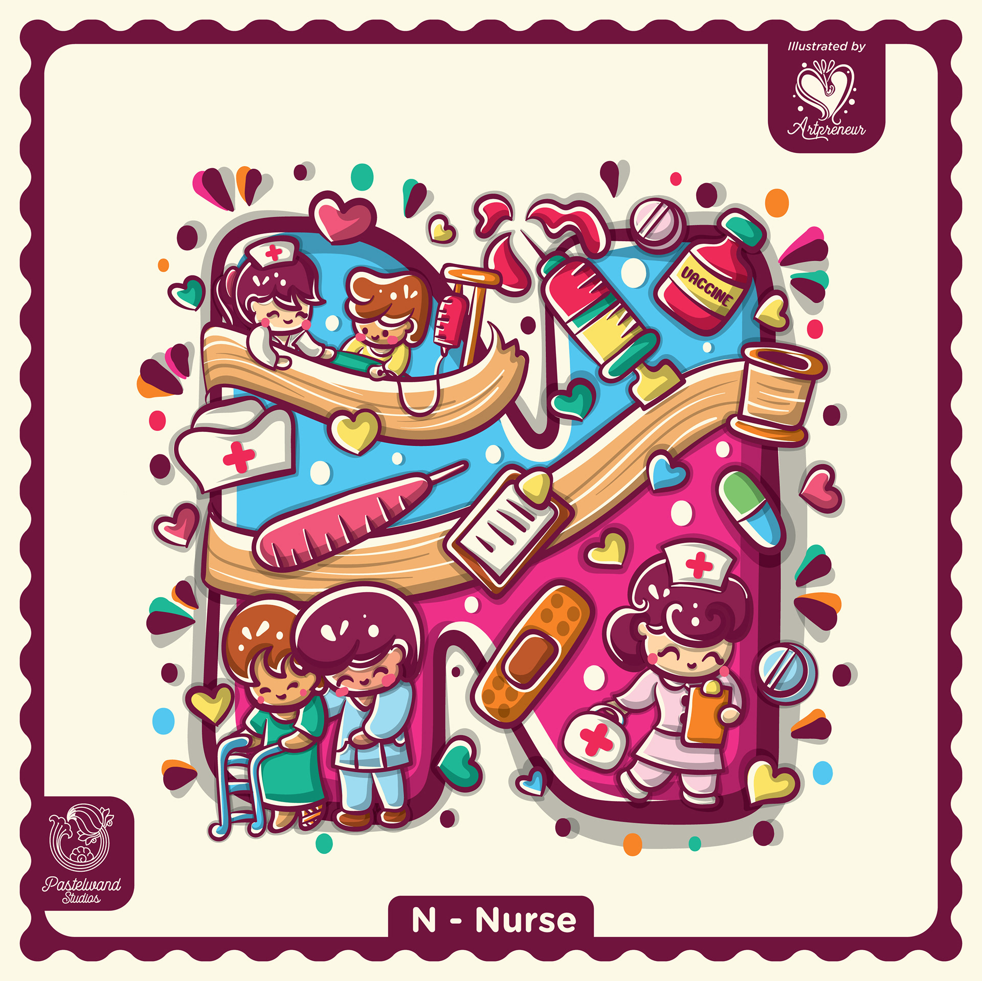 My Little Career ABC children's book: N for Nurse, an illustrated letter filled with tools and tiny characters, illustration by Atma Studios