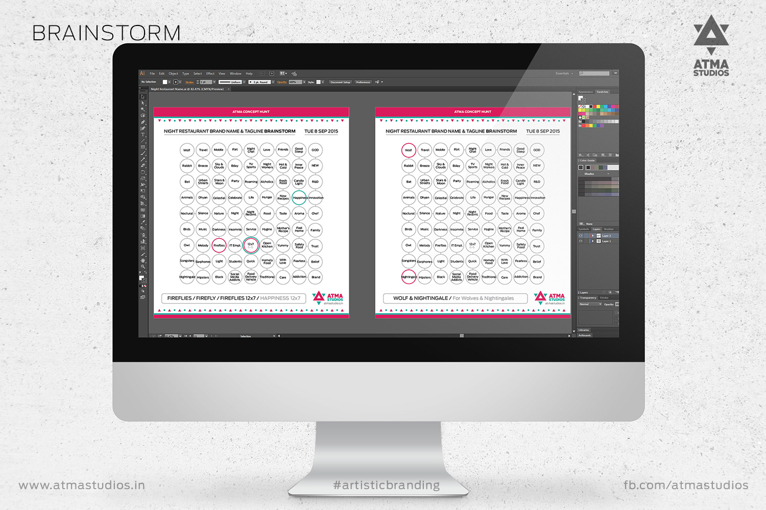 Fireflies logo brainstorm sheets shown on a desktop monitor