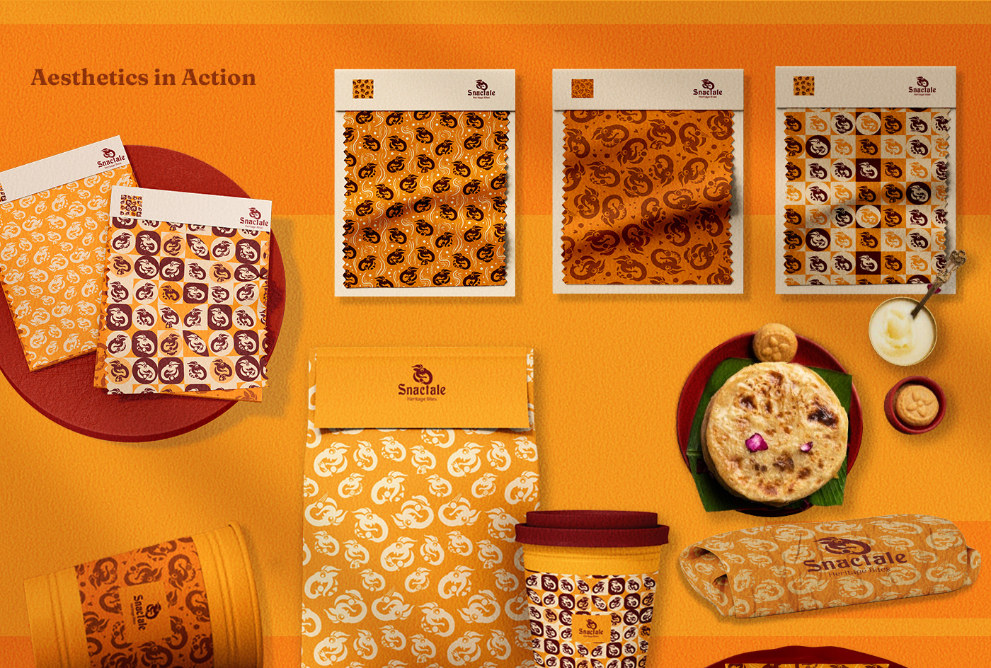 Snactale heritage snack bistro brand: brand patterns on packaging, cups and food wrap
