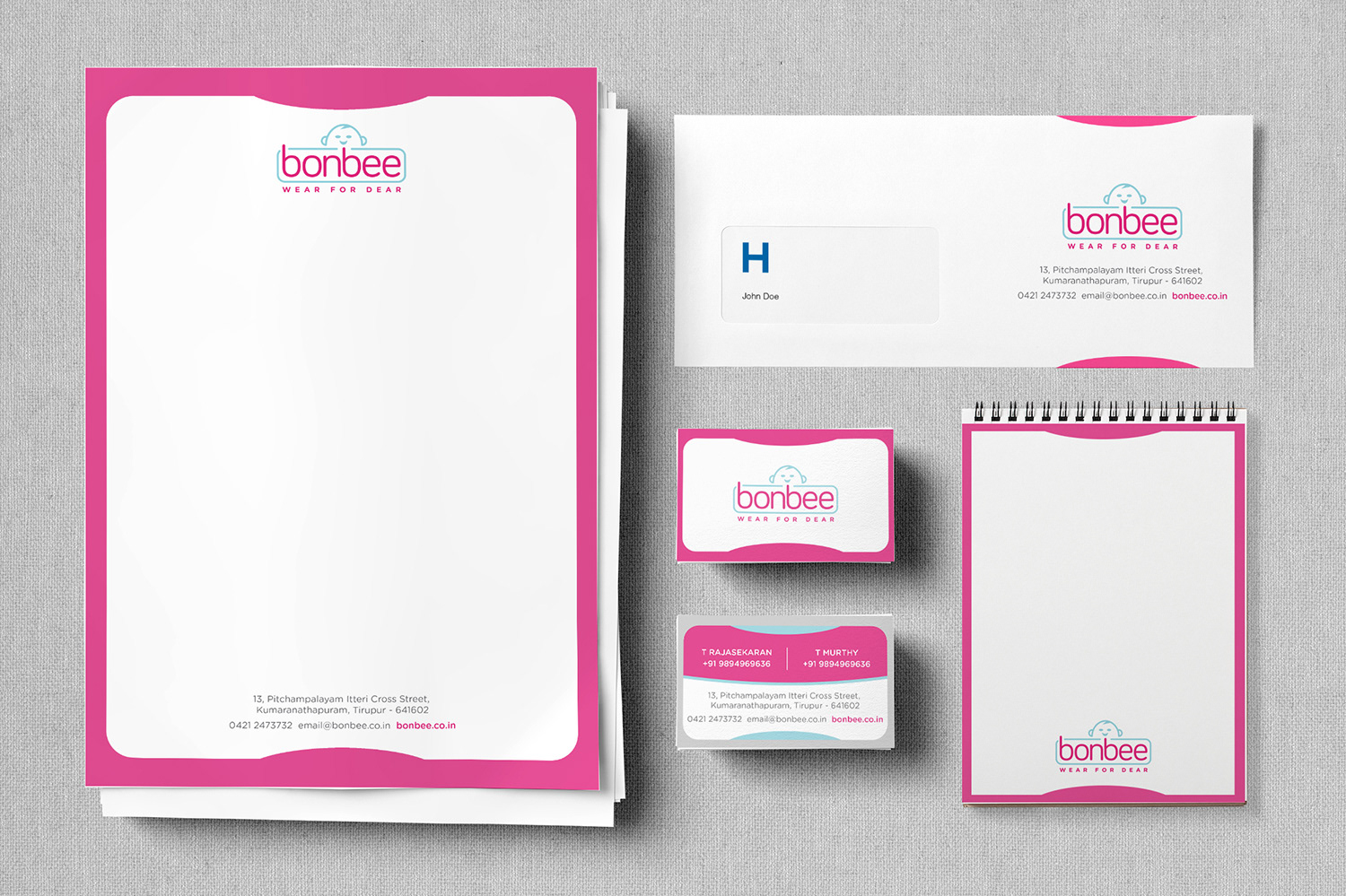 Bonbee Indian baby wear brand and package design: stationery set with letterhead, envelope and business cards