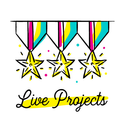 Artpreneur creative program hand-drawn icon: Live Projects icon, star banners