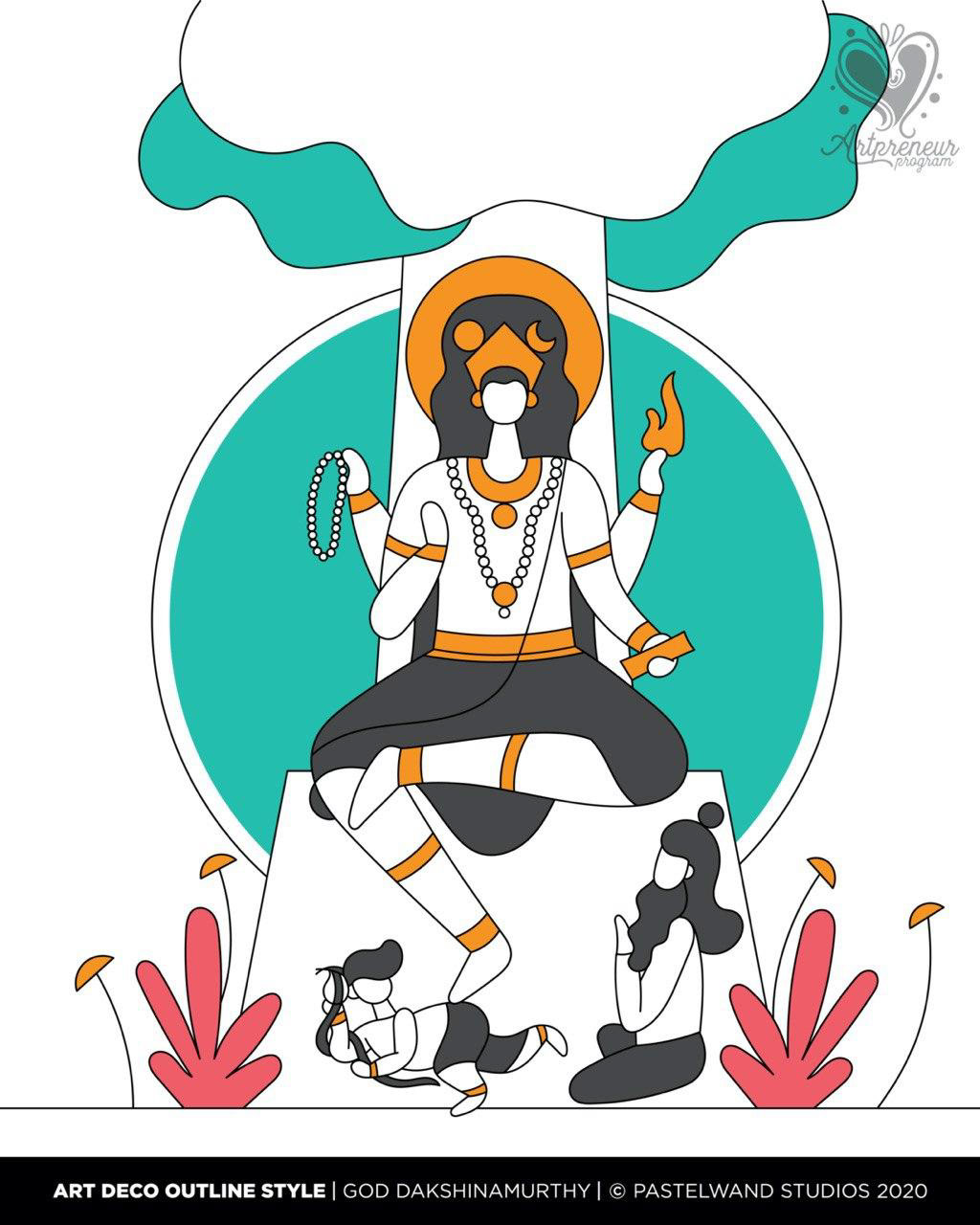 12 dimensions of Shiva in Art Deco outline style: #2 Dakshinamurthy