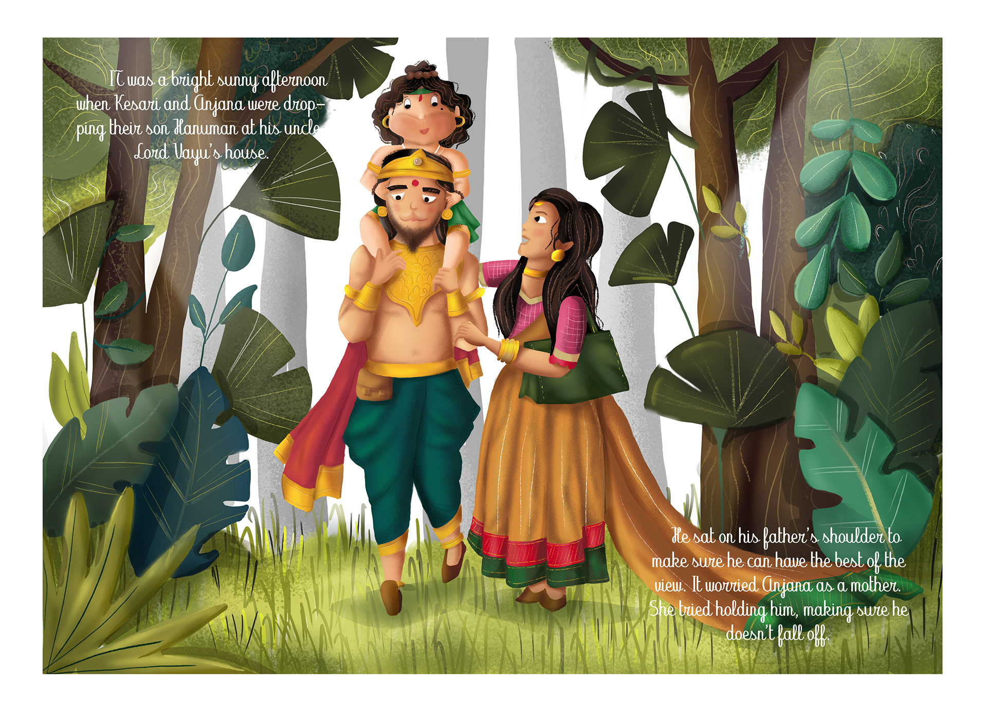 Children's book illustration: spread of a family walking through a lush forest