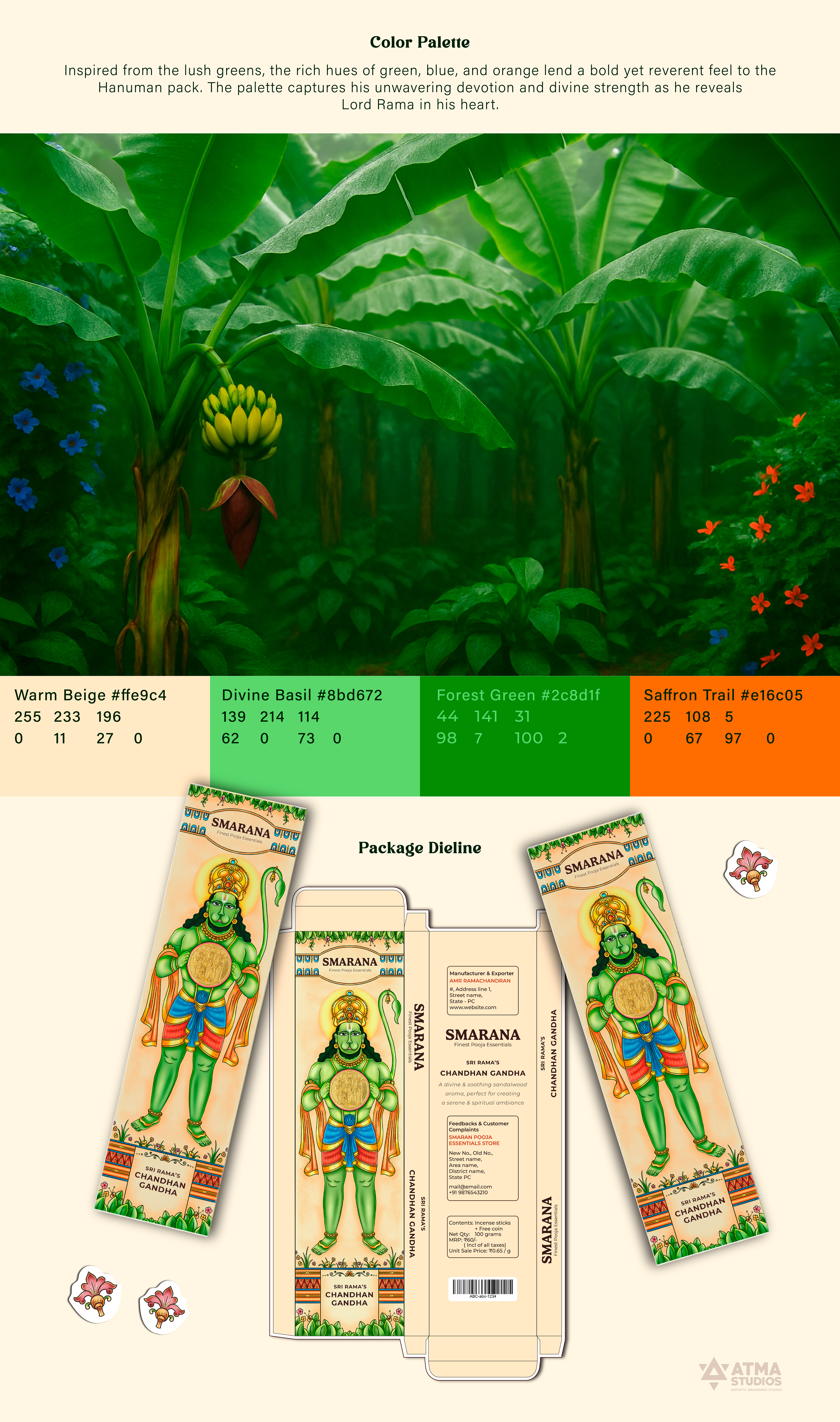 Smarana Lord Rama series incense packaging: incense box 03 dieline with a jungle backdrop