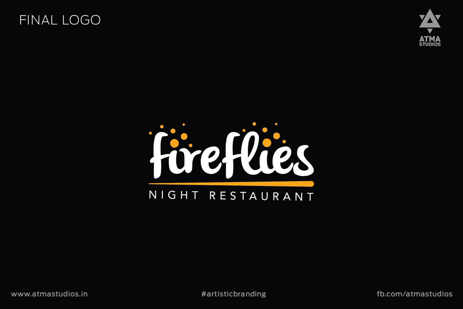Fireflies Night Restaurant final logo in white and yellow on a black background