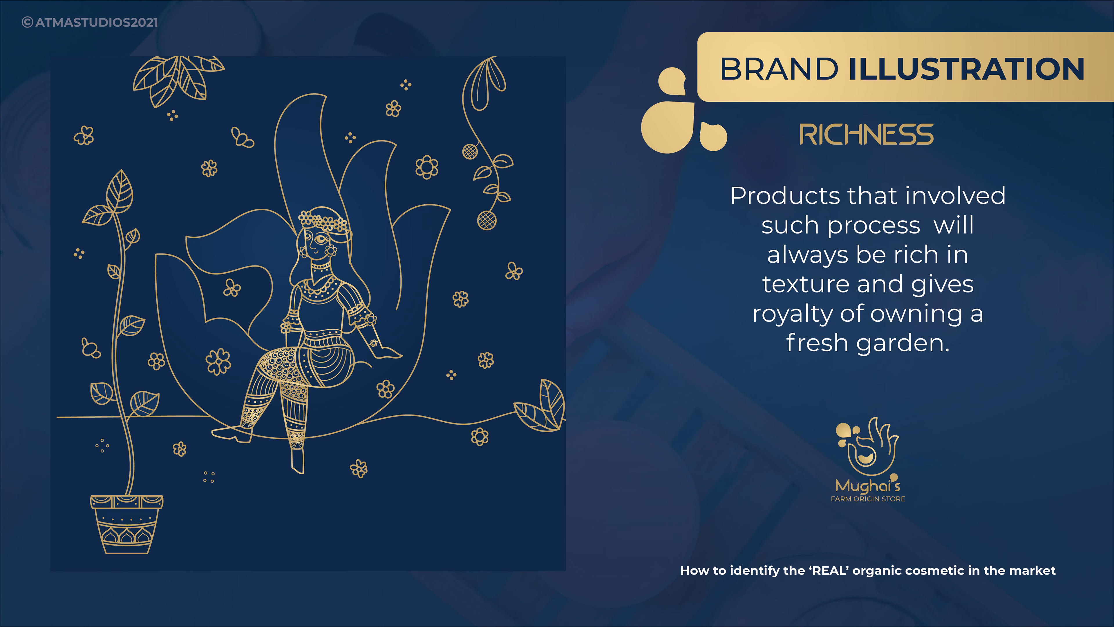 Mughai's Farm Origin Store rebranding: brand illustration for richness, with a woman and plant