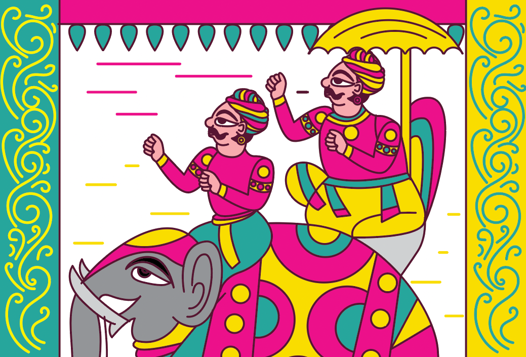 Kesar sweet shop space branding in Phad painting style: wall panel of a king on an elephant under a parasol