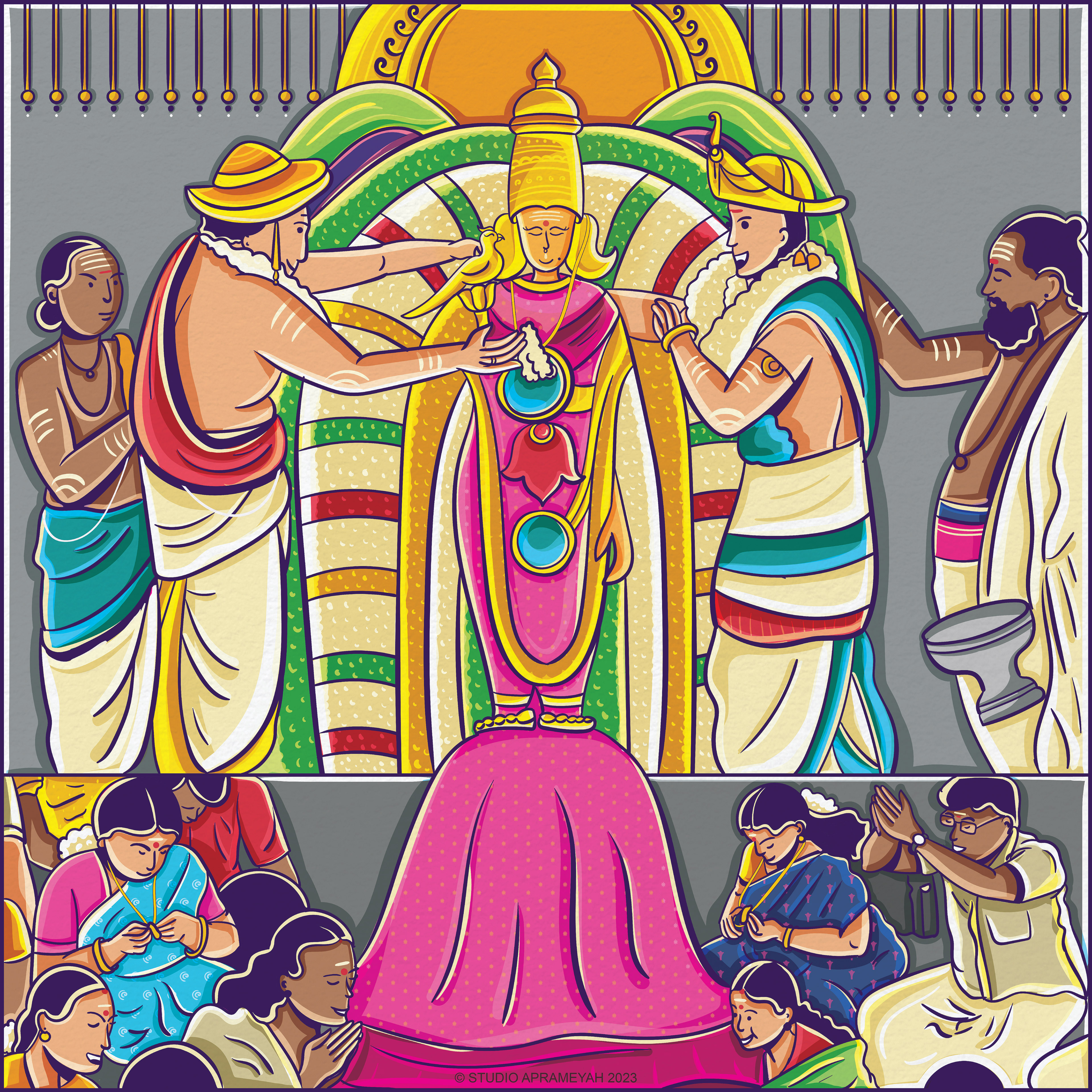 Regional temple festival comic style illustrations: Scene 10: Priests dressing the goddess