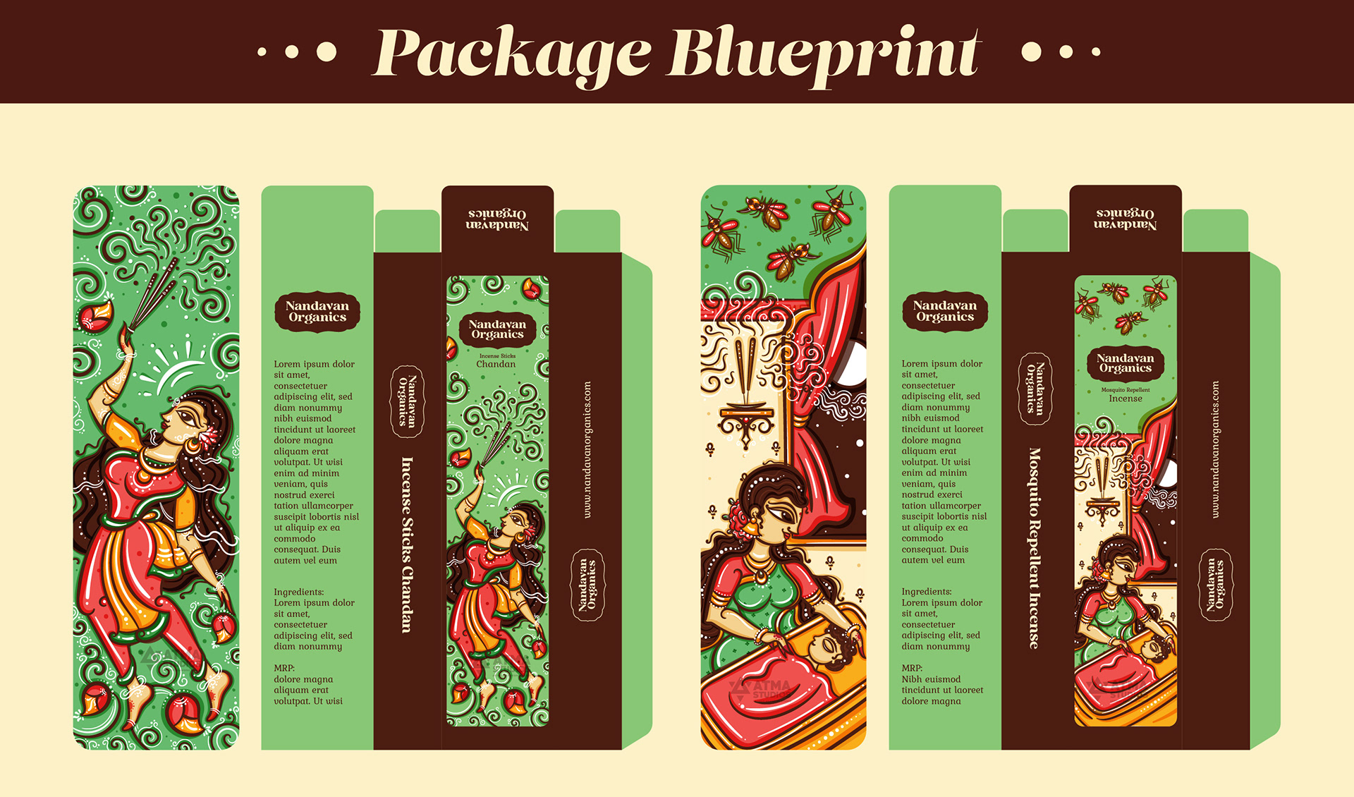 Nandavan Organics package illustrations in neo Bengal folk art: package blueprint dielines