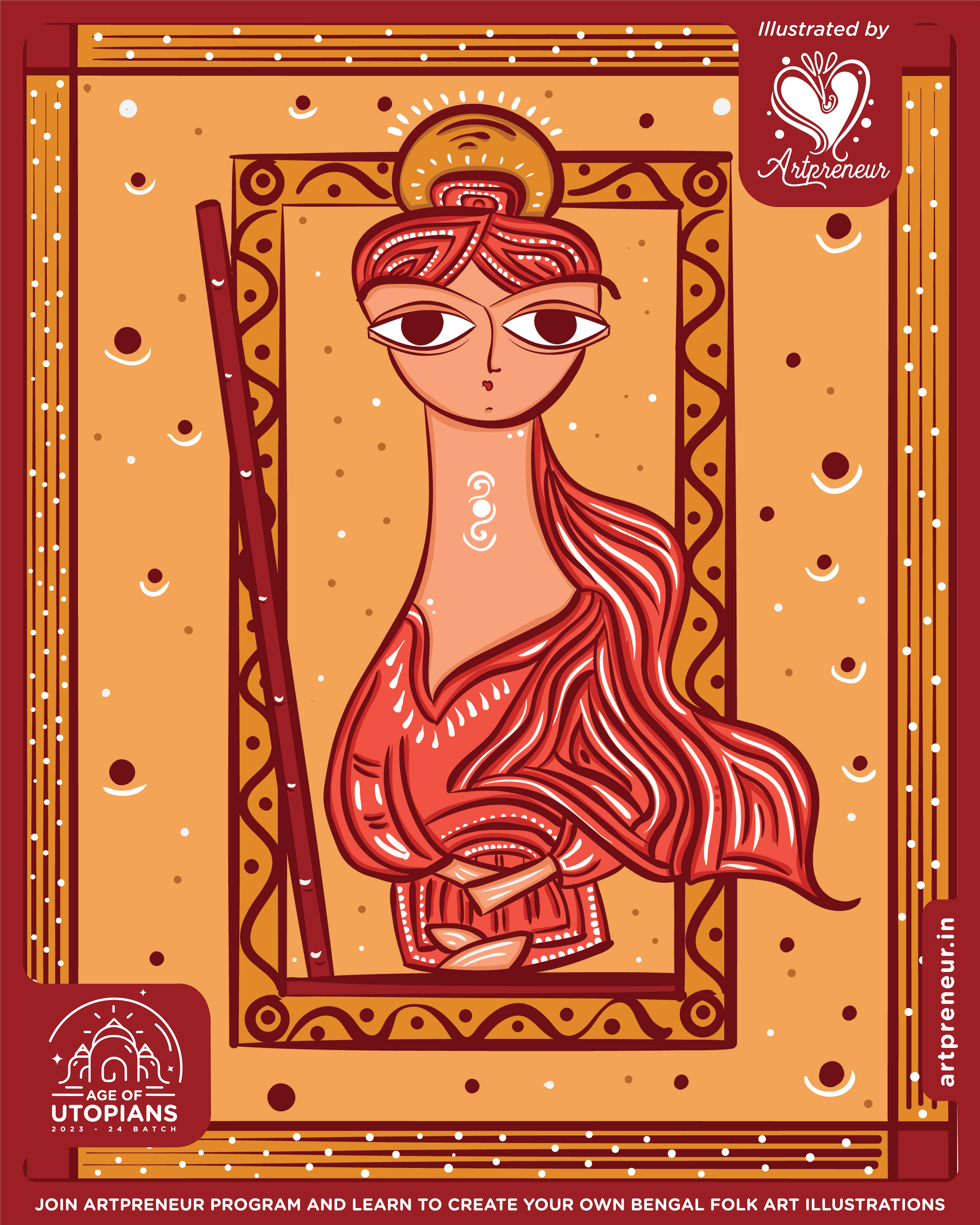 50 contemplated Bengal folk art illustrations: #40 Woman in a red sari