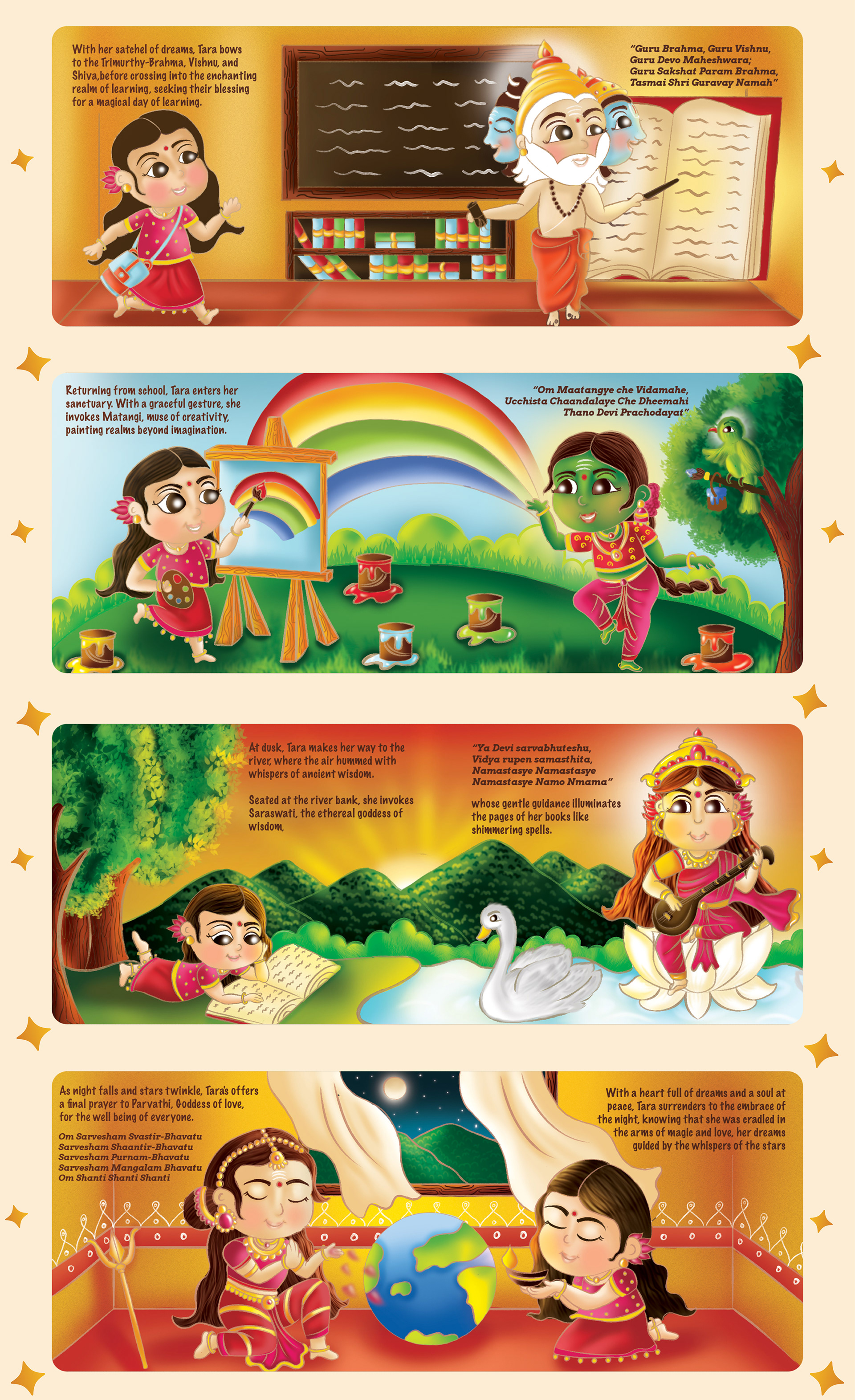 Enchanted Echoes children's book of slokas: four more illustrated spreads with Tara and deities