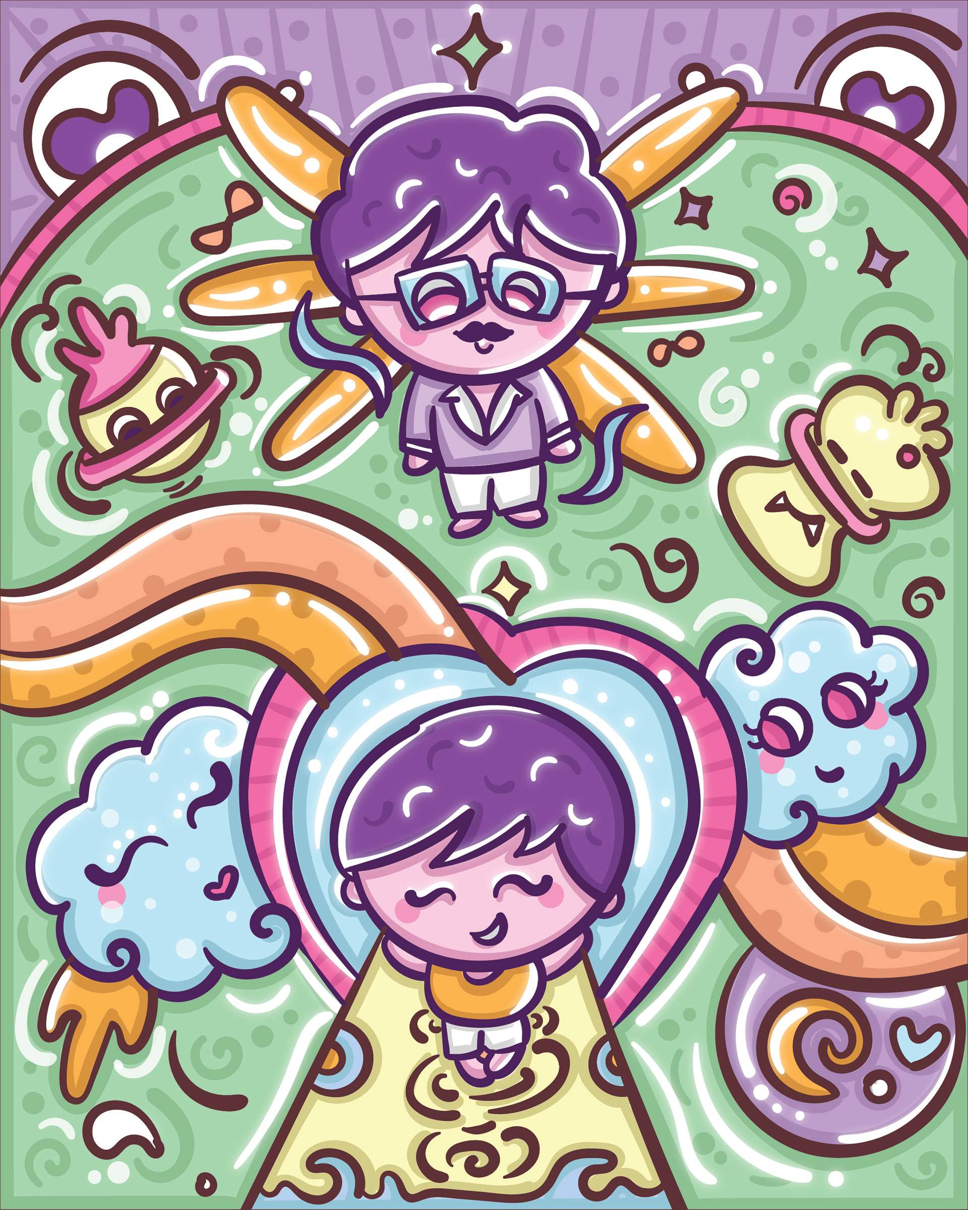 Kawaii gratitude series: pastel doodle of a boy with a kite and a girl in a heart